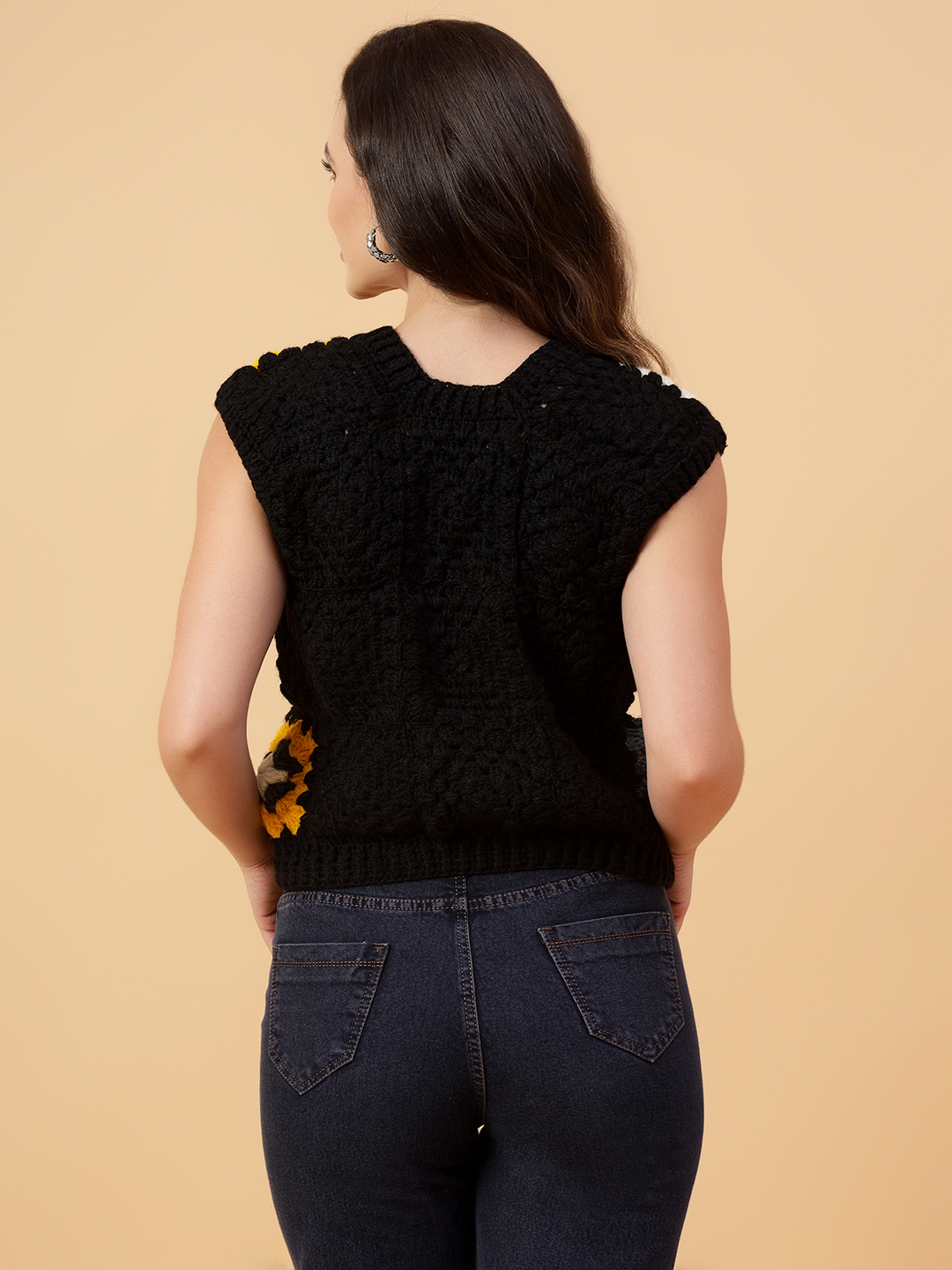 Velvery Handmade Black & Multi Granny Square Round Neck Pullover