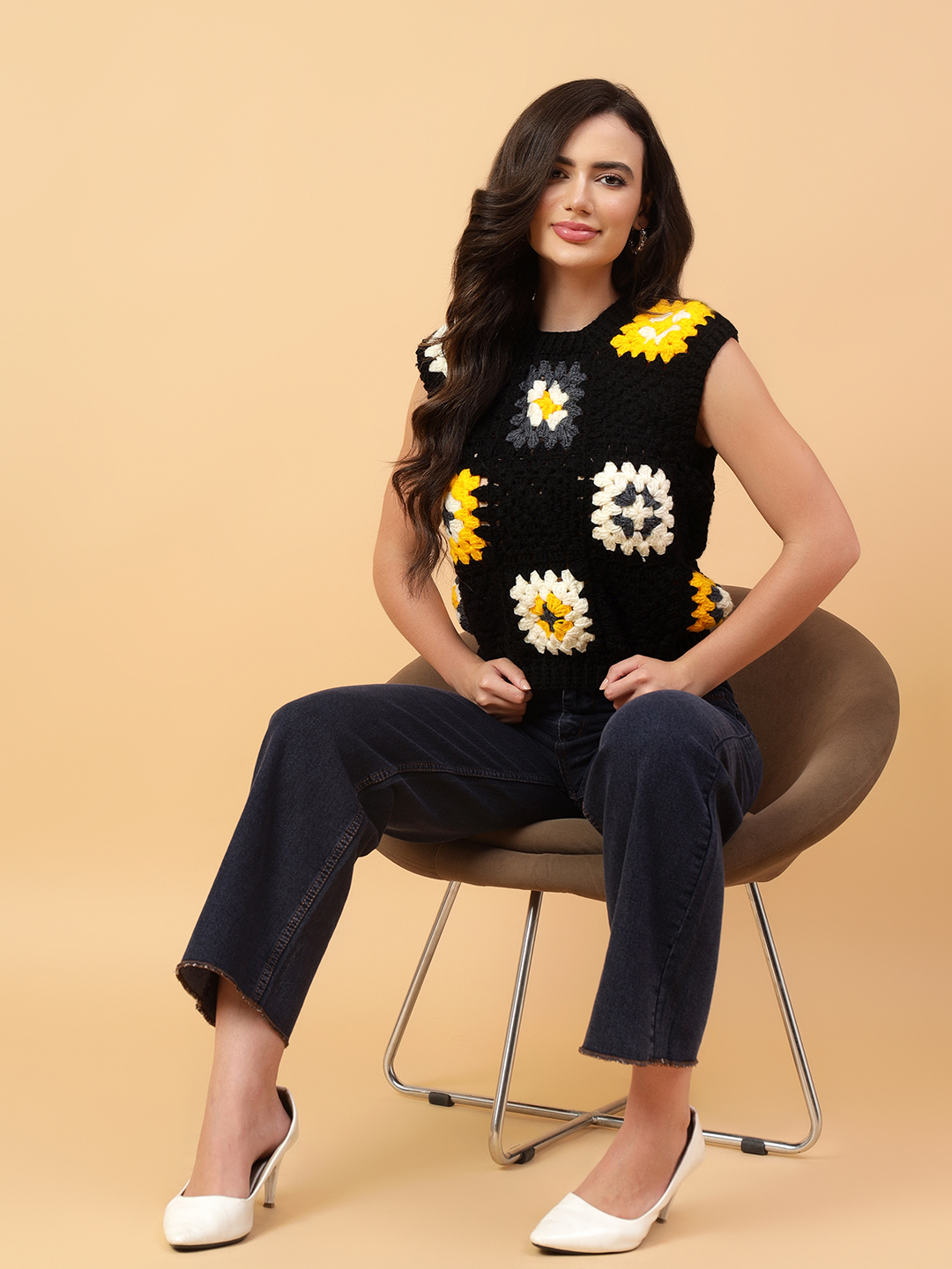 Velvery Handmade Black & Multi Granny Square Round Neck Pullover