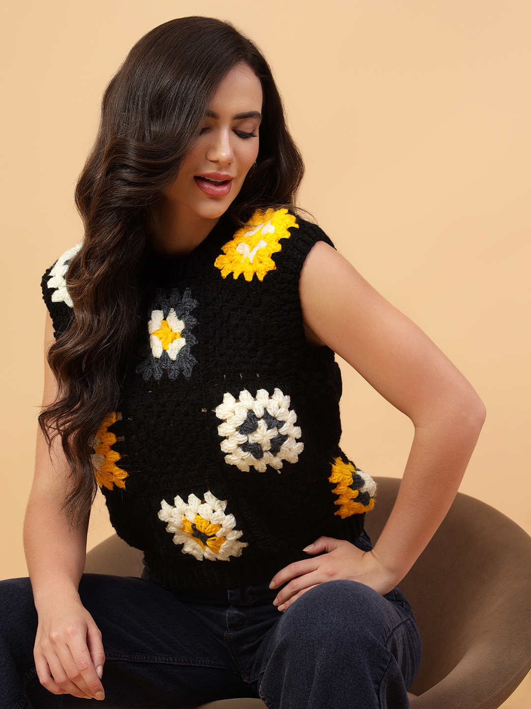 Velvery Handmade Black & Multi Granny Square Round Neck Pullover