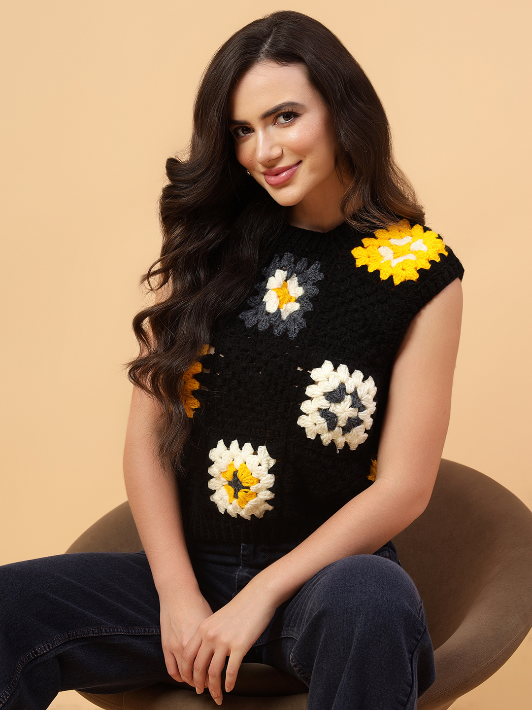 Velvery Handmade Black & Multi Granny Square Round Neck Pullover