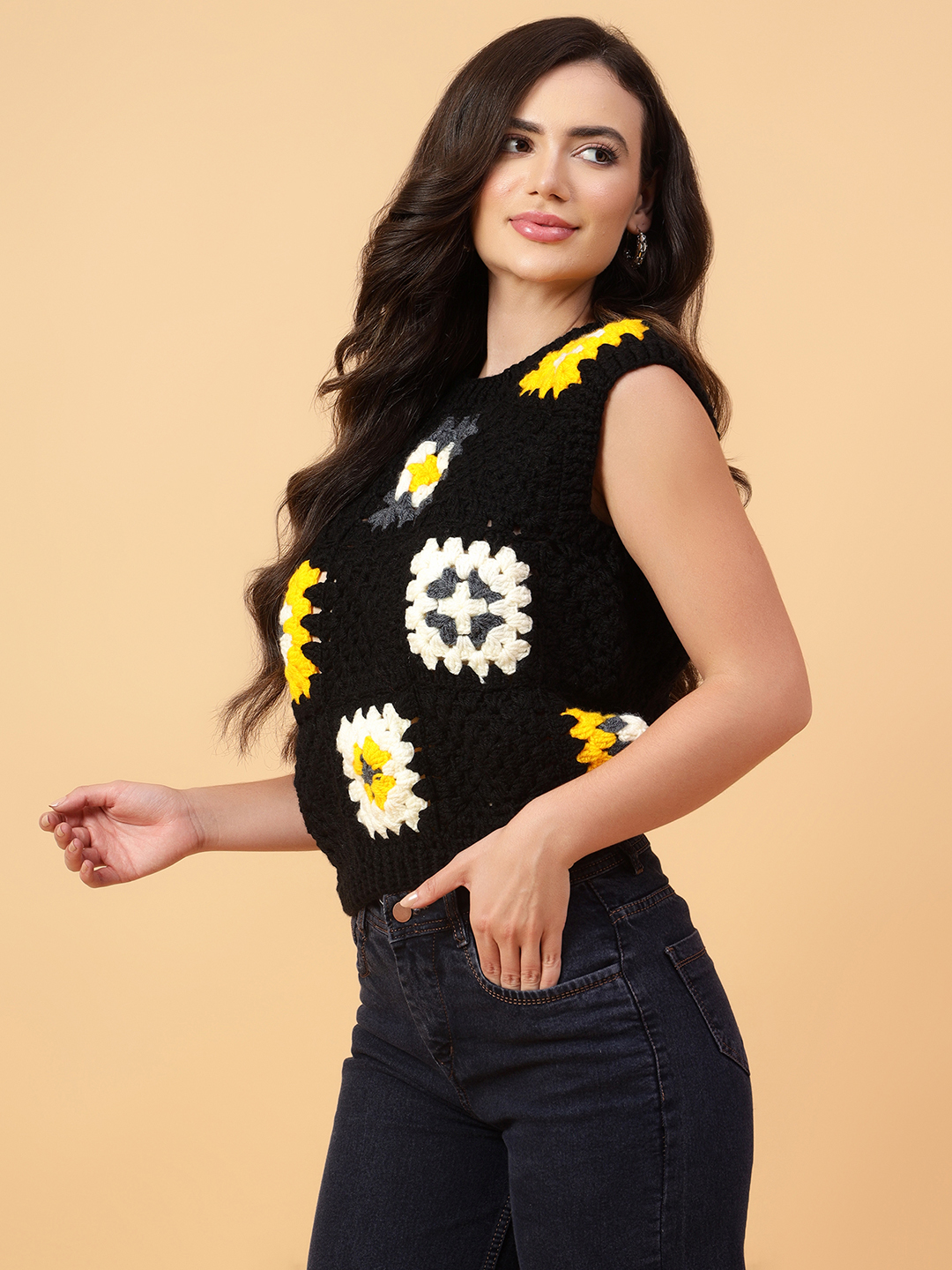 Velvery Handmade Black & Multi Granny Square Round Neck Pullover