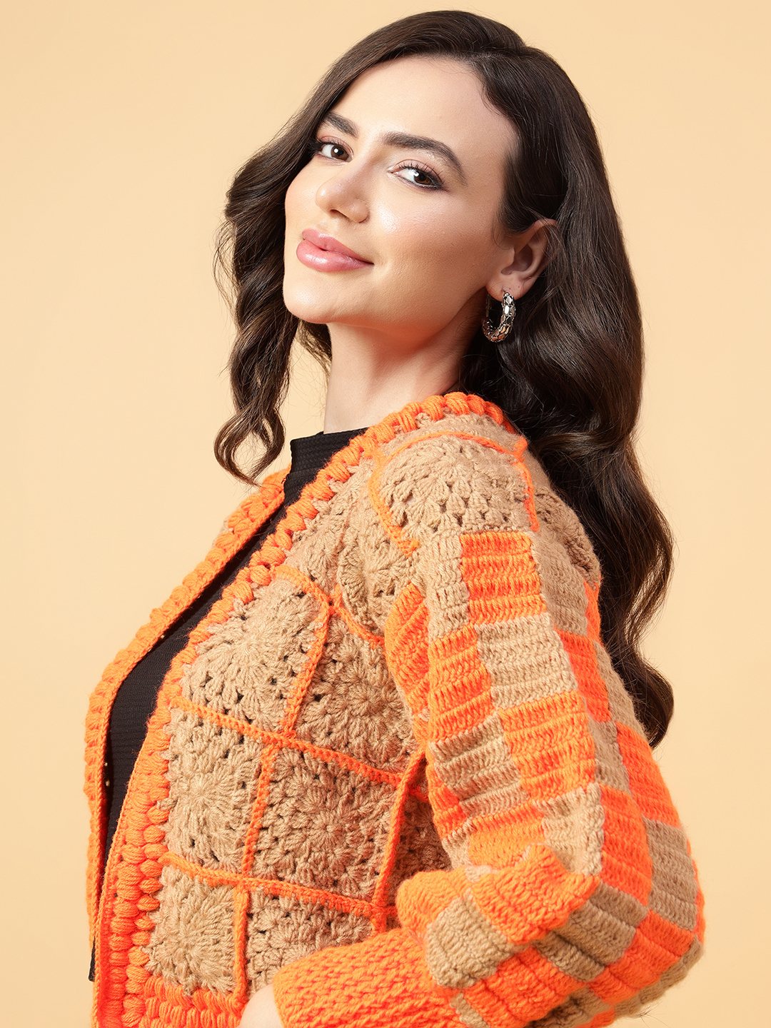 Velvery Handmade Brown & Orange Crochet Cardigan V-Neck Cardigan