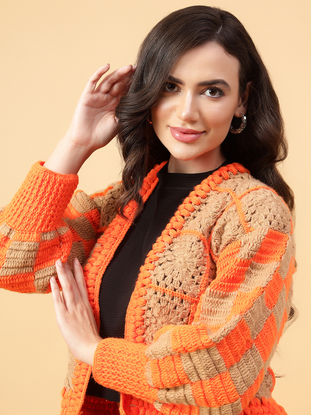 Velvery Handmade Brown & Orange Crochet Cardigan V-Neck Cardigan