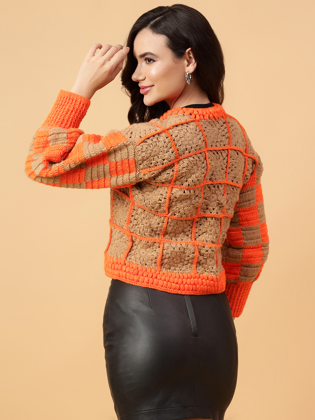 Velvery Handmade Brown & Orange Crochet Cardigan V-Neck Cardigan