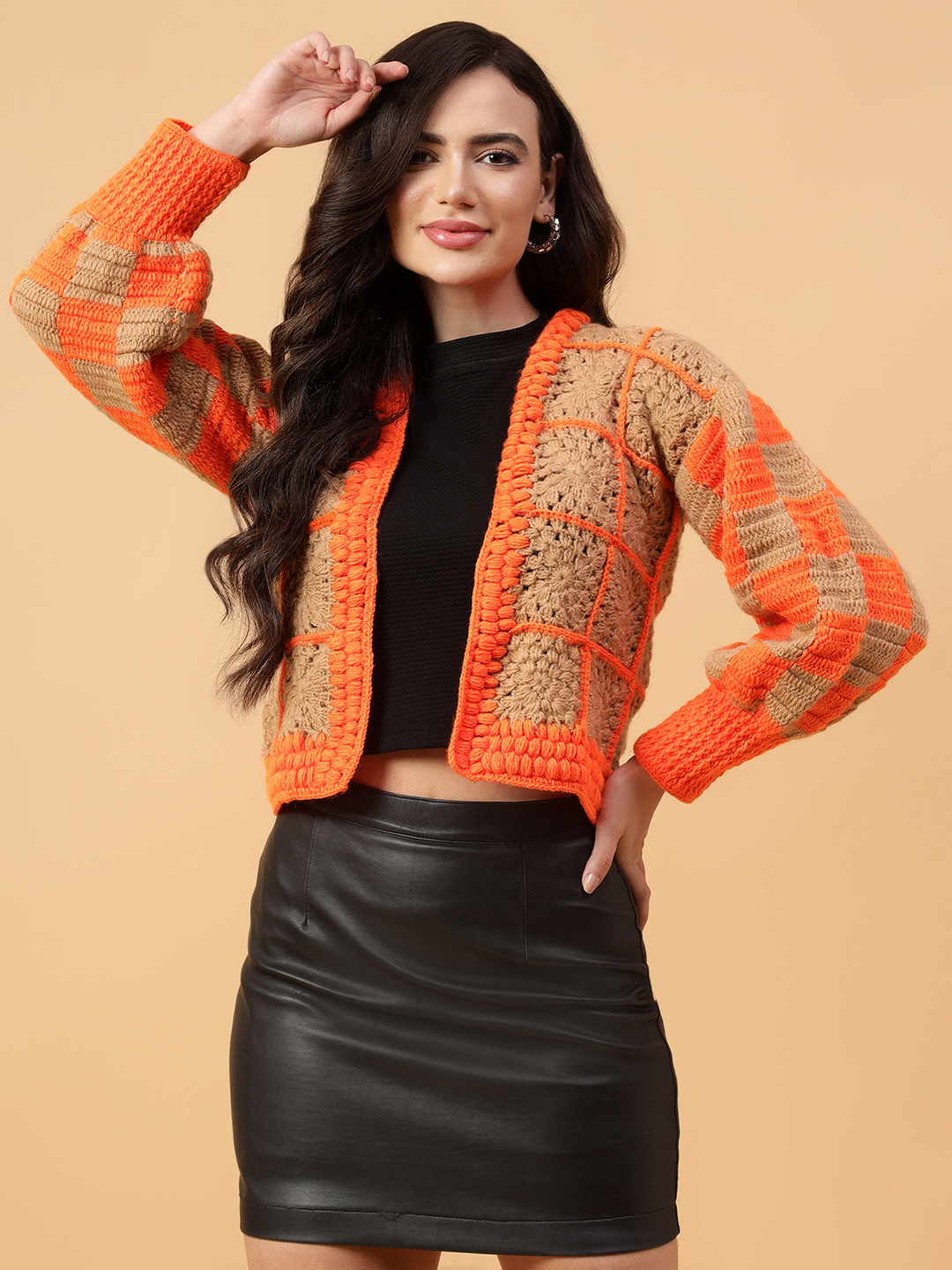 Velvery Handmade Brown & Orange Crochet Cardigan V-Neck Cardigan