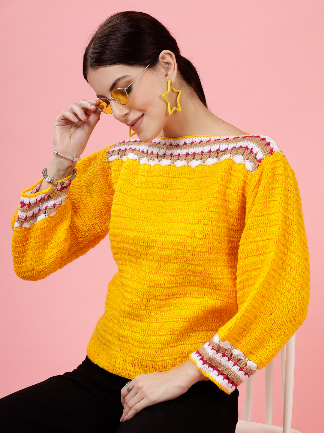 Velvery Handmade Orange Crochet Round Neck Pullover