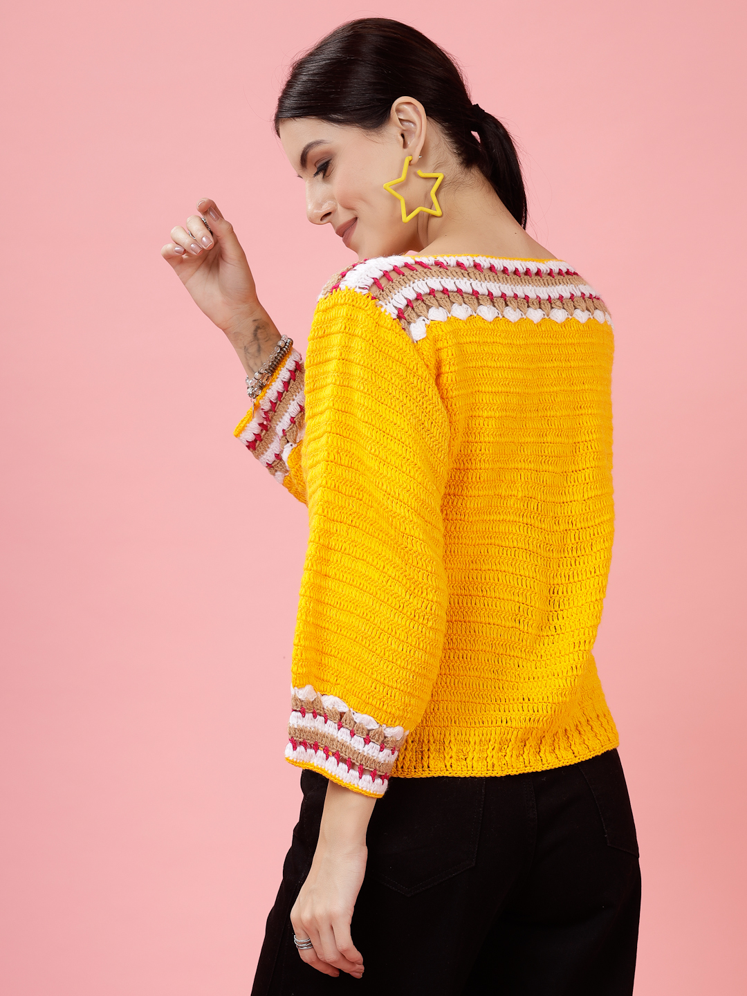 Velvery Handmade Orange Crochet Round Neck Pullover
