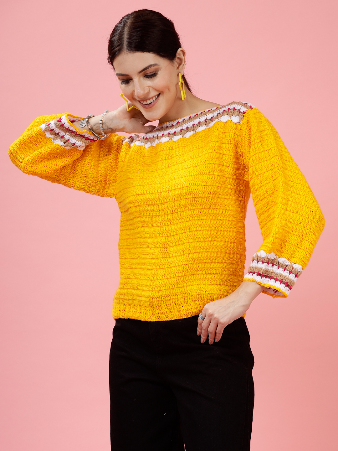 Velvery Handmade Orange Crochet Round Neck Pullover