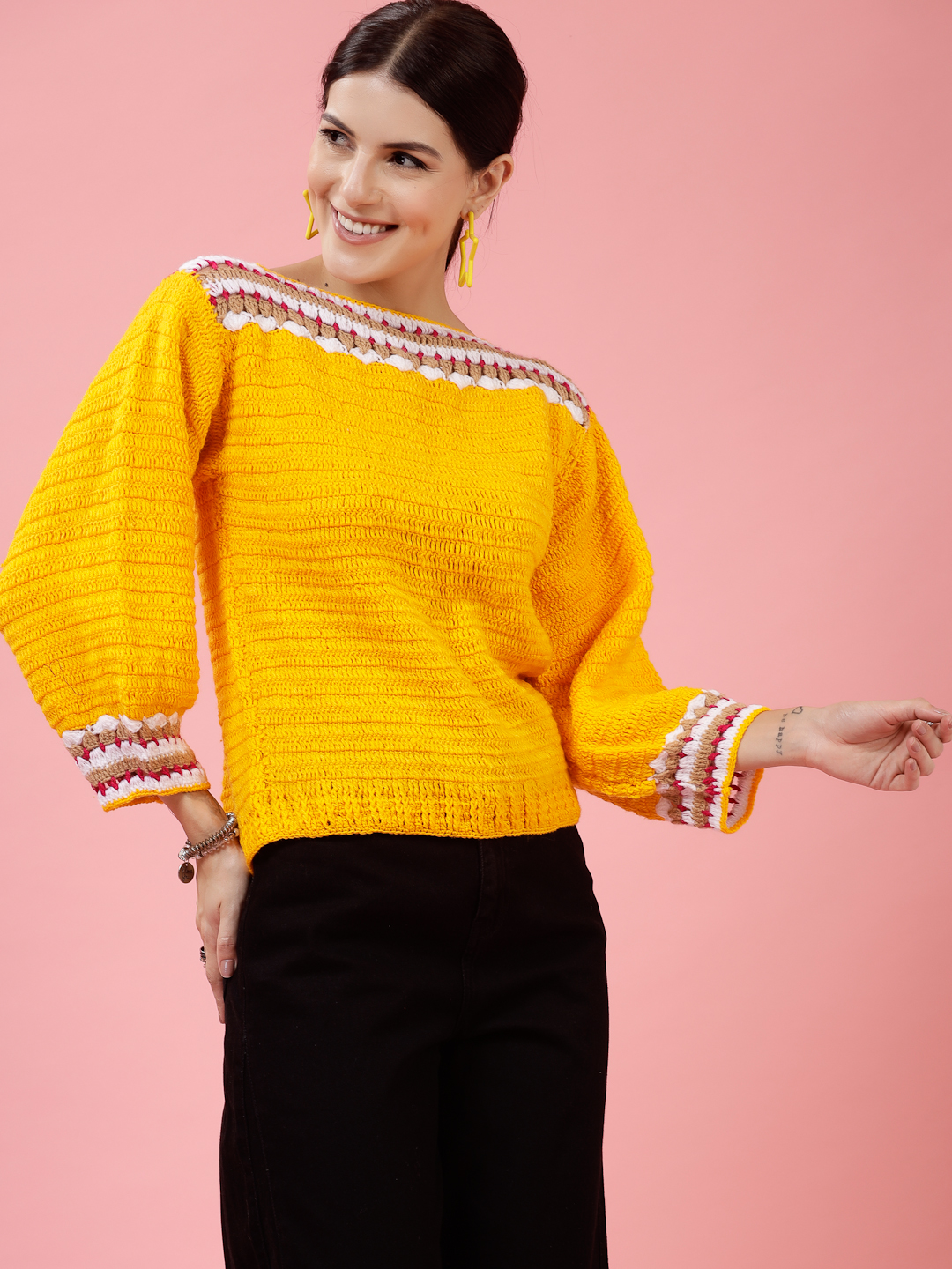 Velvery Handmade Orange Crochet Round Neck Pullover