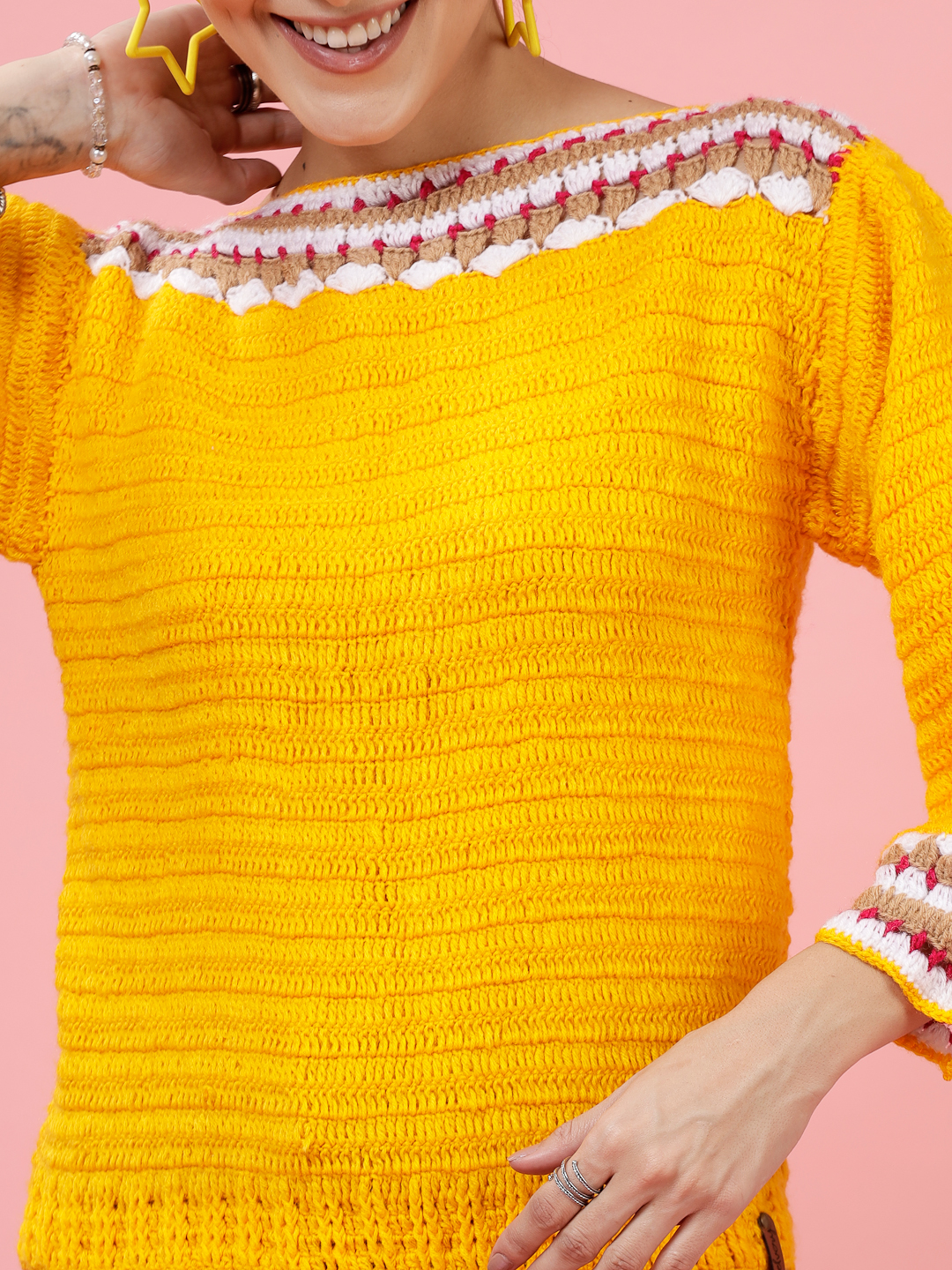 Velvery Handmade Orange Crochet Round Neck Pullover