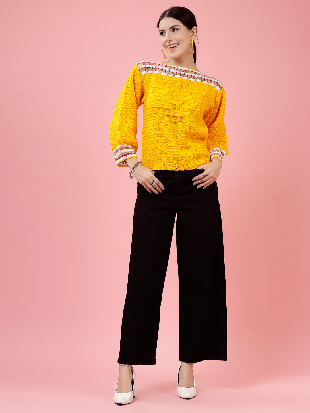 Velvery Handmade Orange Crochet Round Neck Pullover