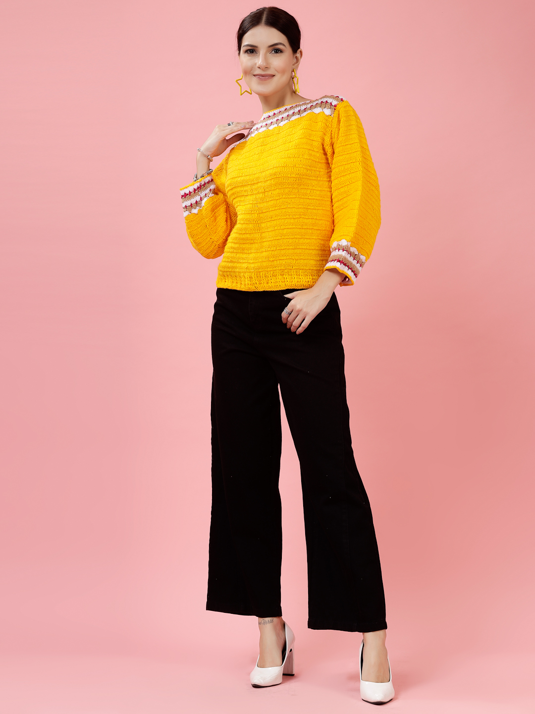 Velvery Handmade Orange Crochet Round Neck Pullover
