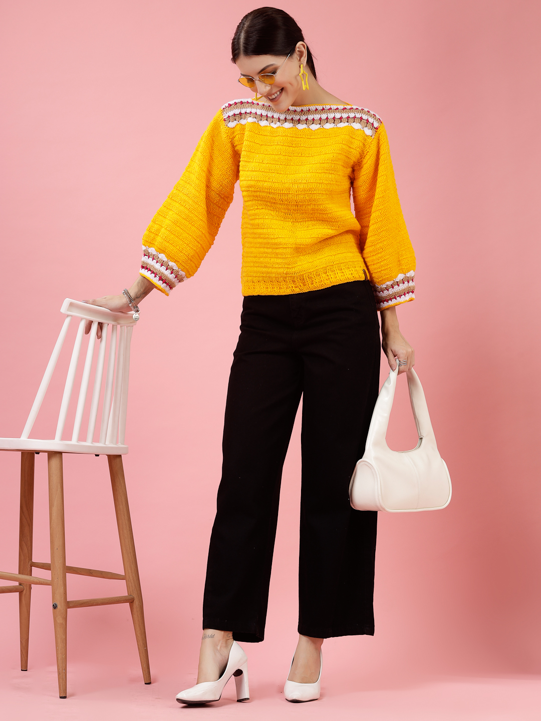 Velvery Handmade Orange Crochet Round Neck Pullover