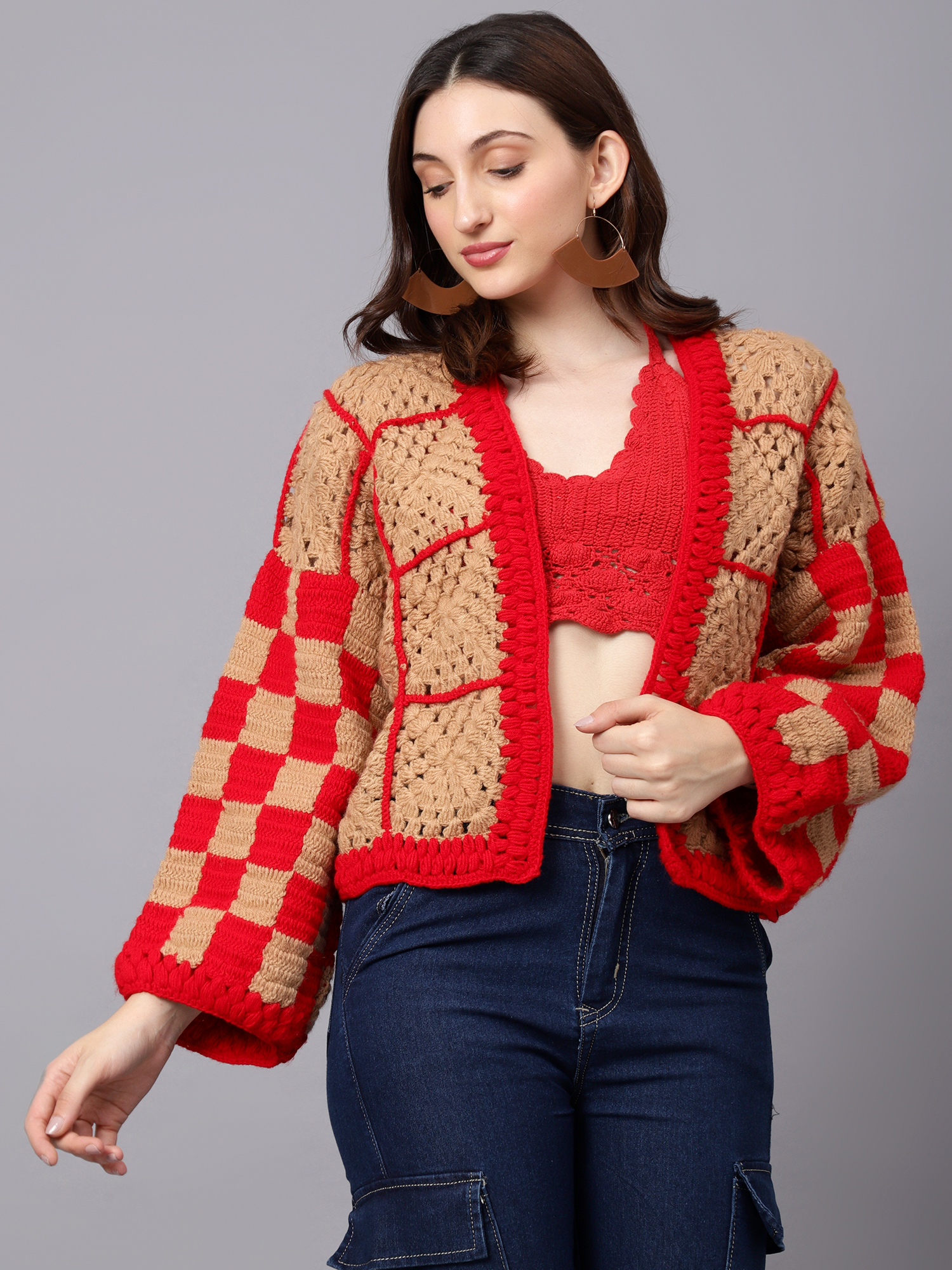Velvery Handmade Brown & Red Crochet V-Neck Cardigan