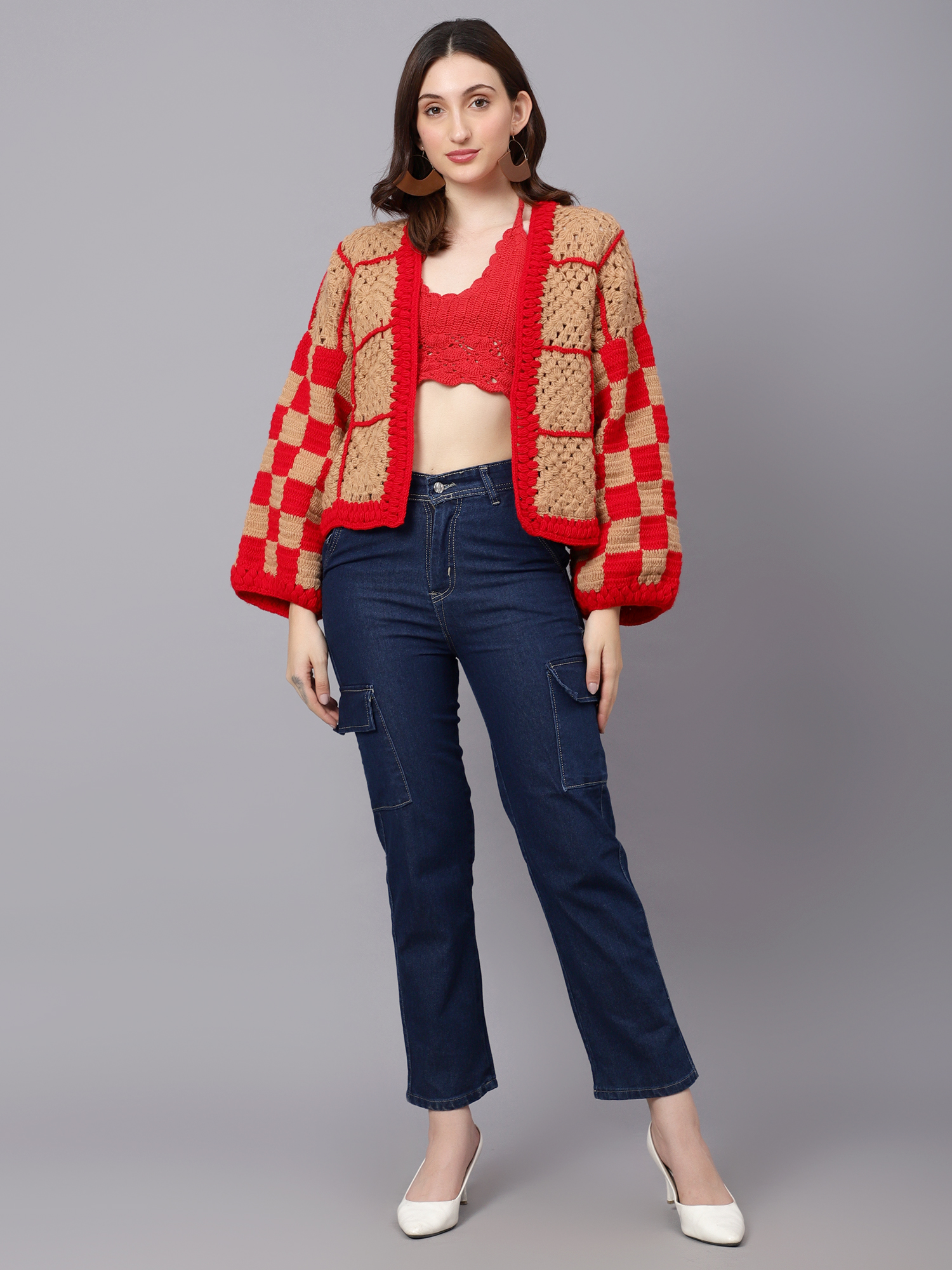 Velvery Handmade Brown & Red Crochet V-Neck Cardigan