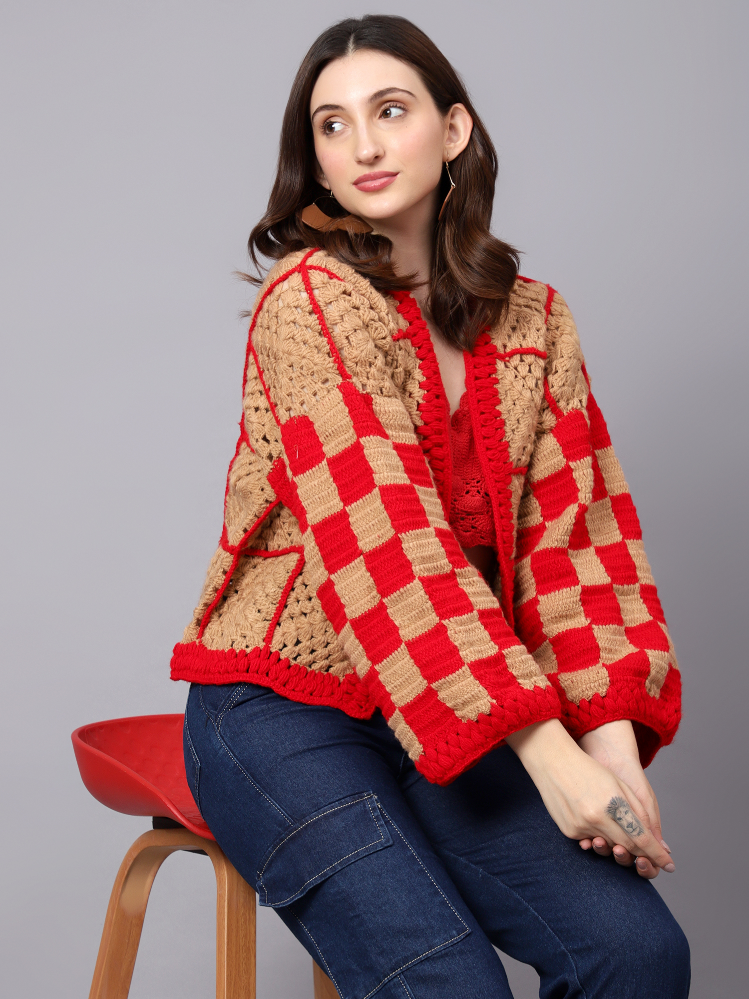 Velvery Handmade Brown & Red Crochet V-Neck Cardigan