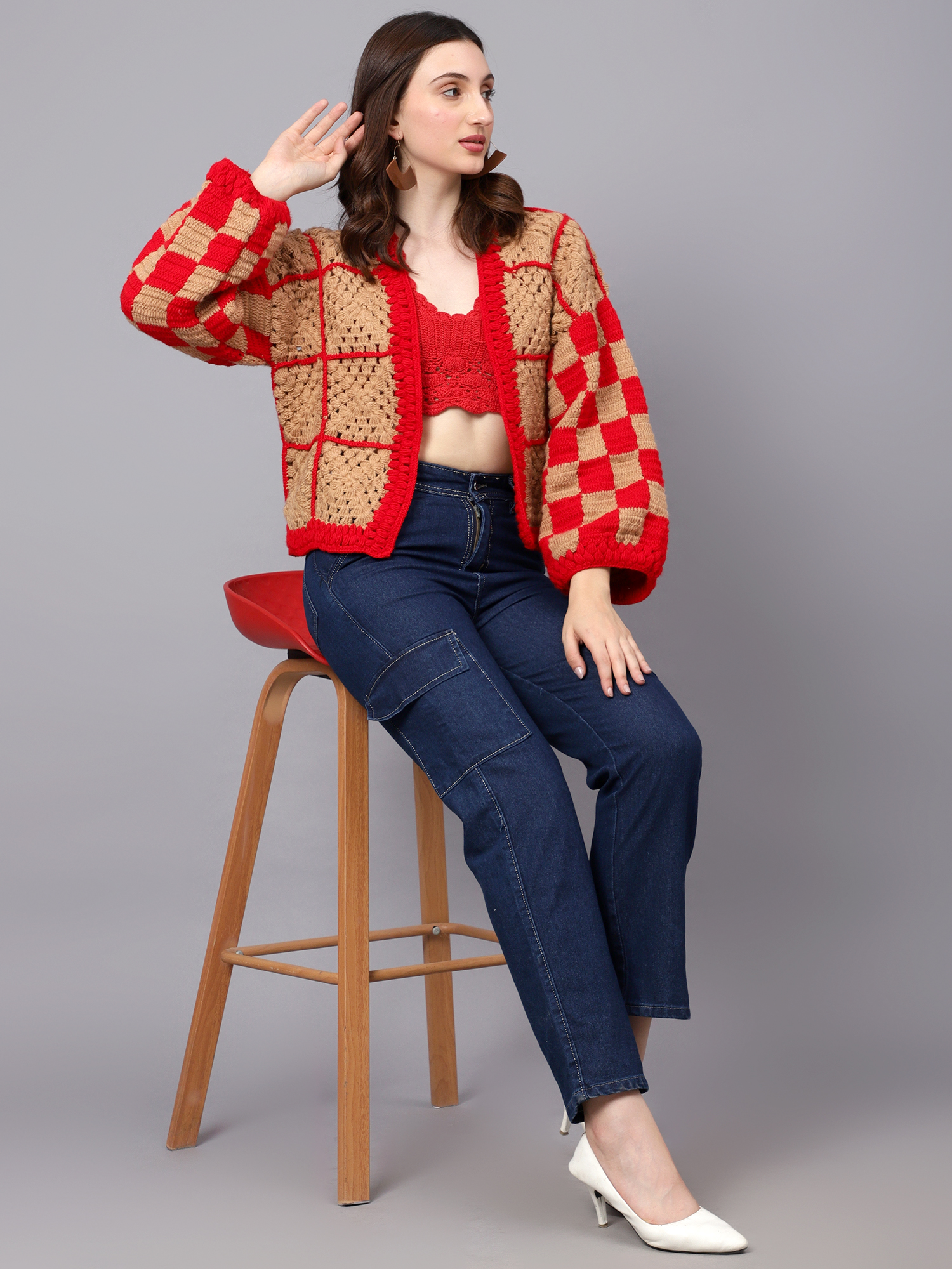 Velvery Handmade Brown & Red Crochet V-Neck Cardigan