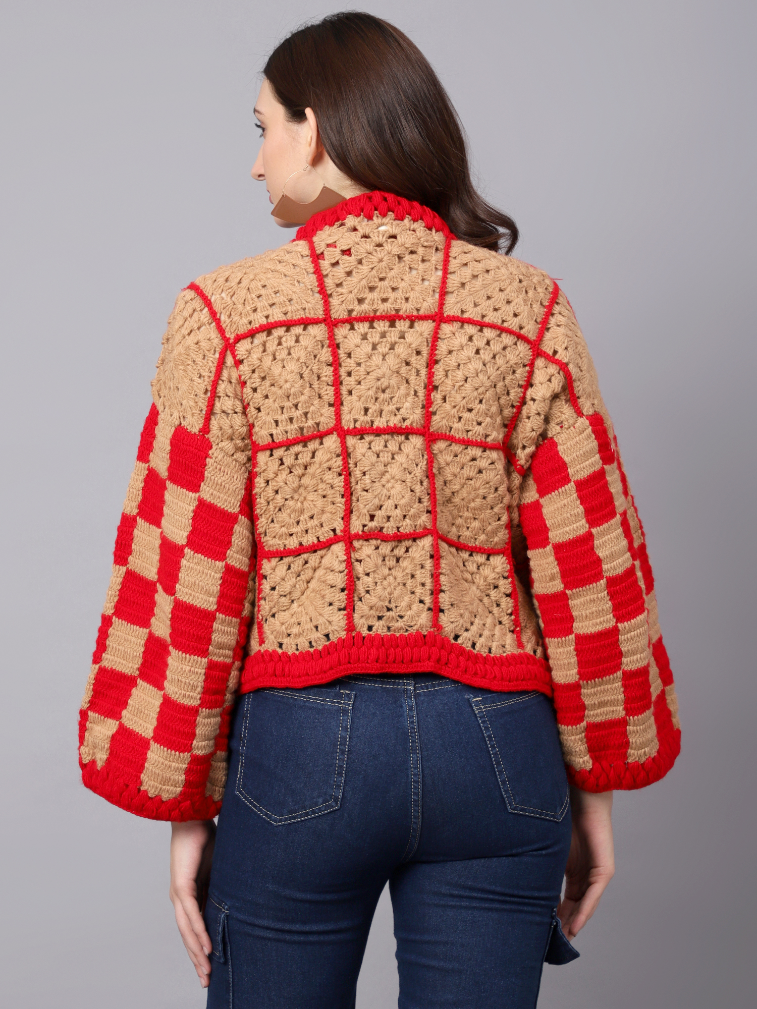 Velvery Handmade Brown & Red Crochet V-Neck Cardigan