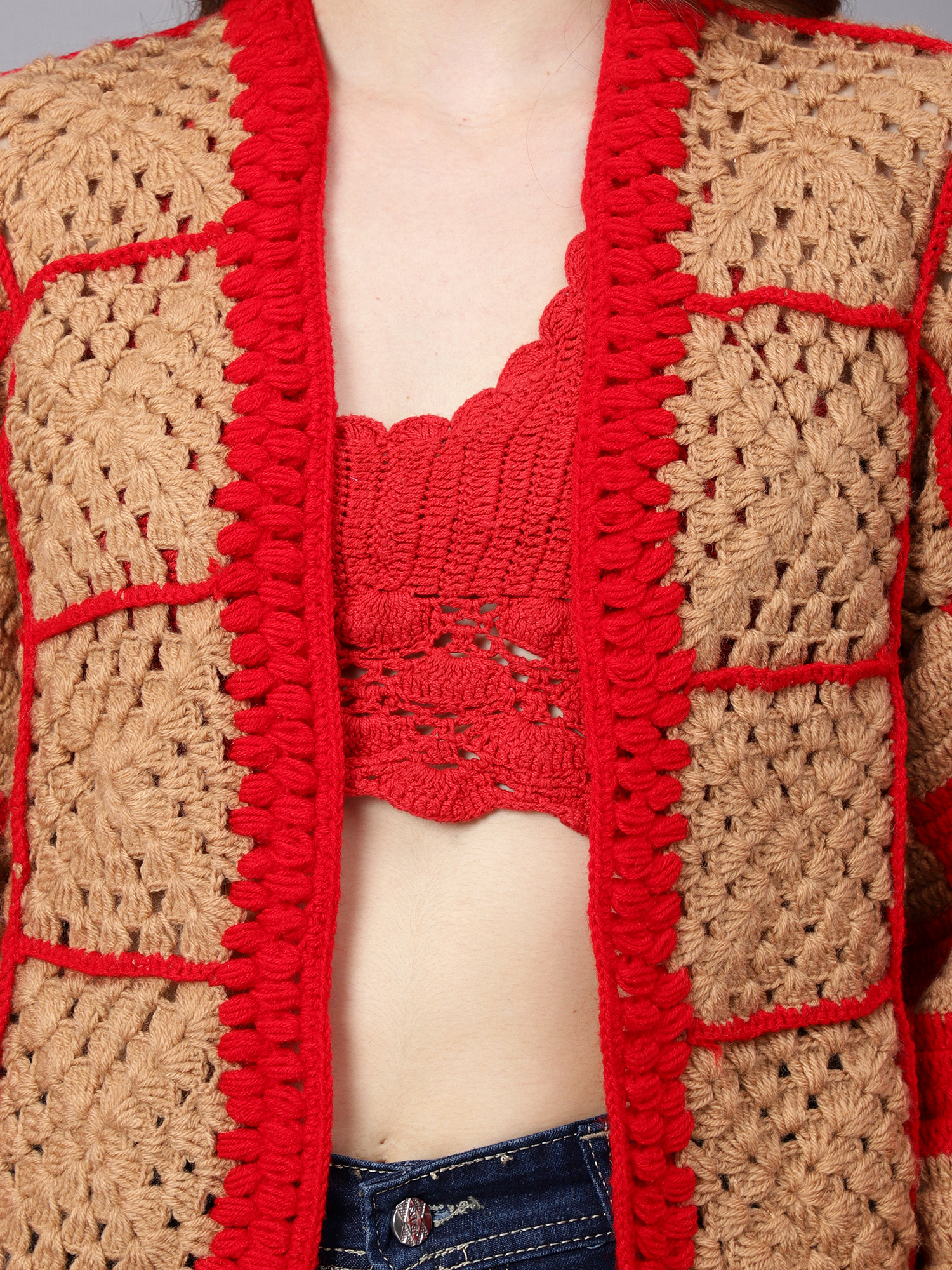 Velvery Handmade Brown & Red Crochet V-Neck Cardigan