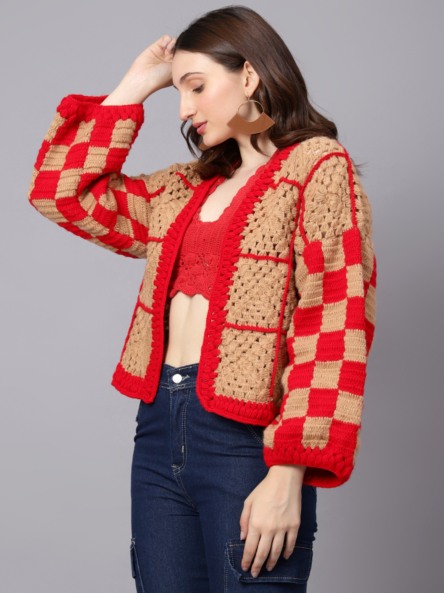 Velvery Handmade Brown & Red Crochet V-Neck Cardigan