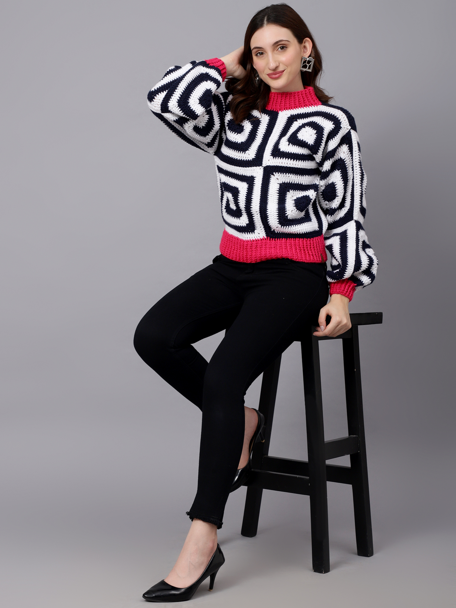 Velvery Handmade Black & White Handmade Crochet Mock Collar Pullover