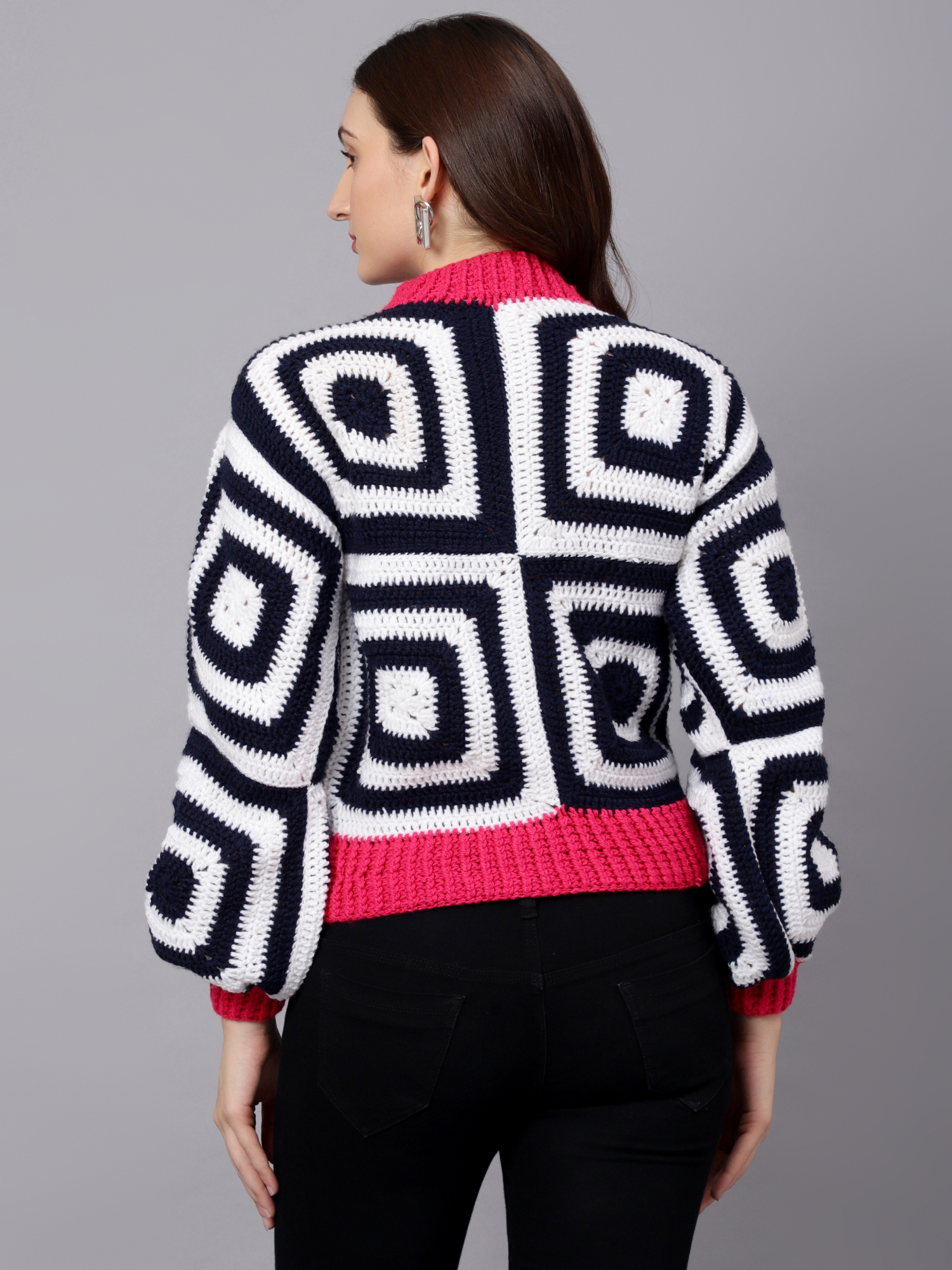 Velvery Handmade Black & White Handmade Crochet Mock Collar Pullover