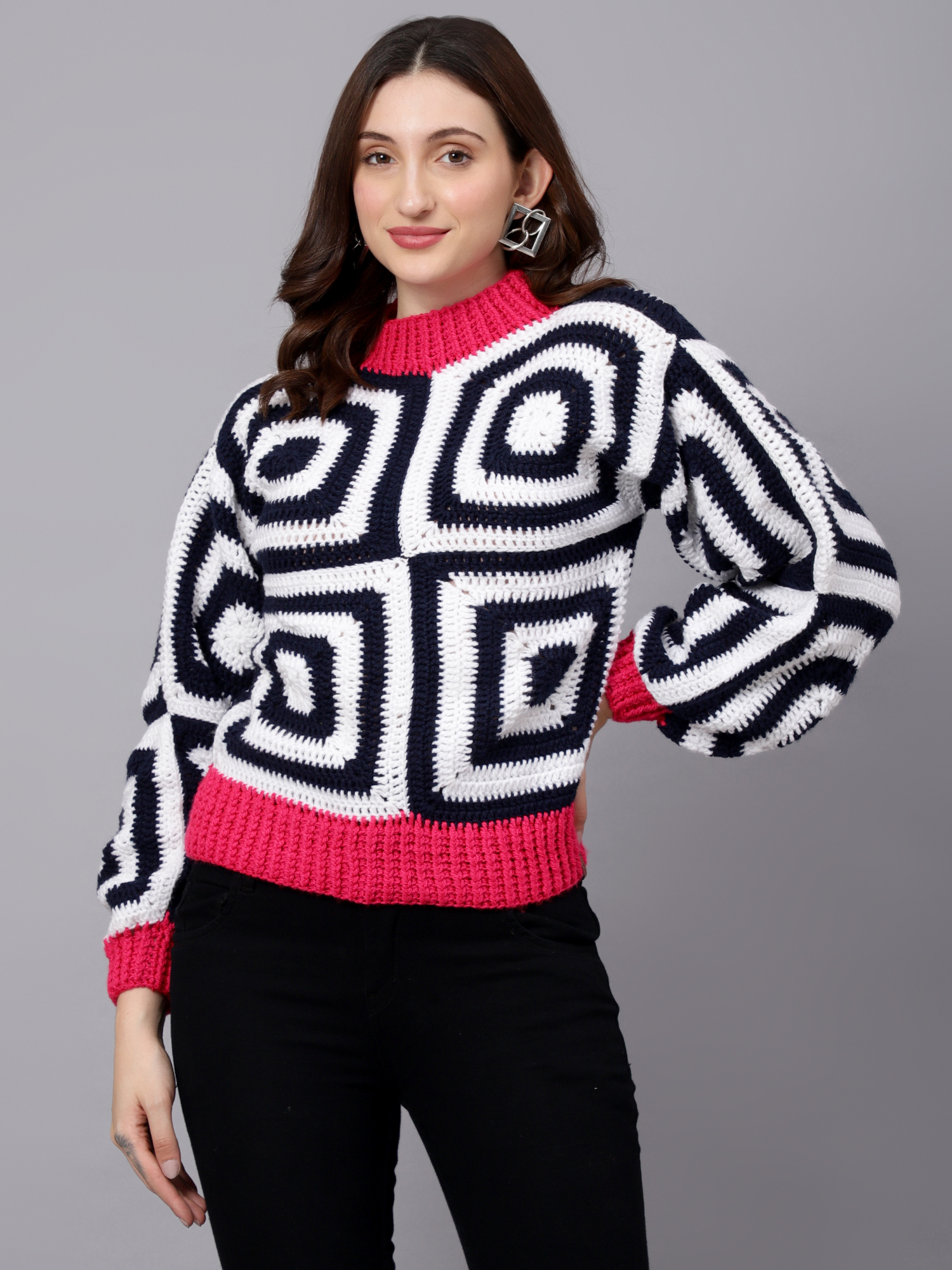 Velvery Handmade Black & White Handmade Crochet Mock Collar Pullover