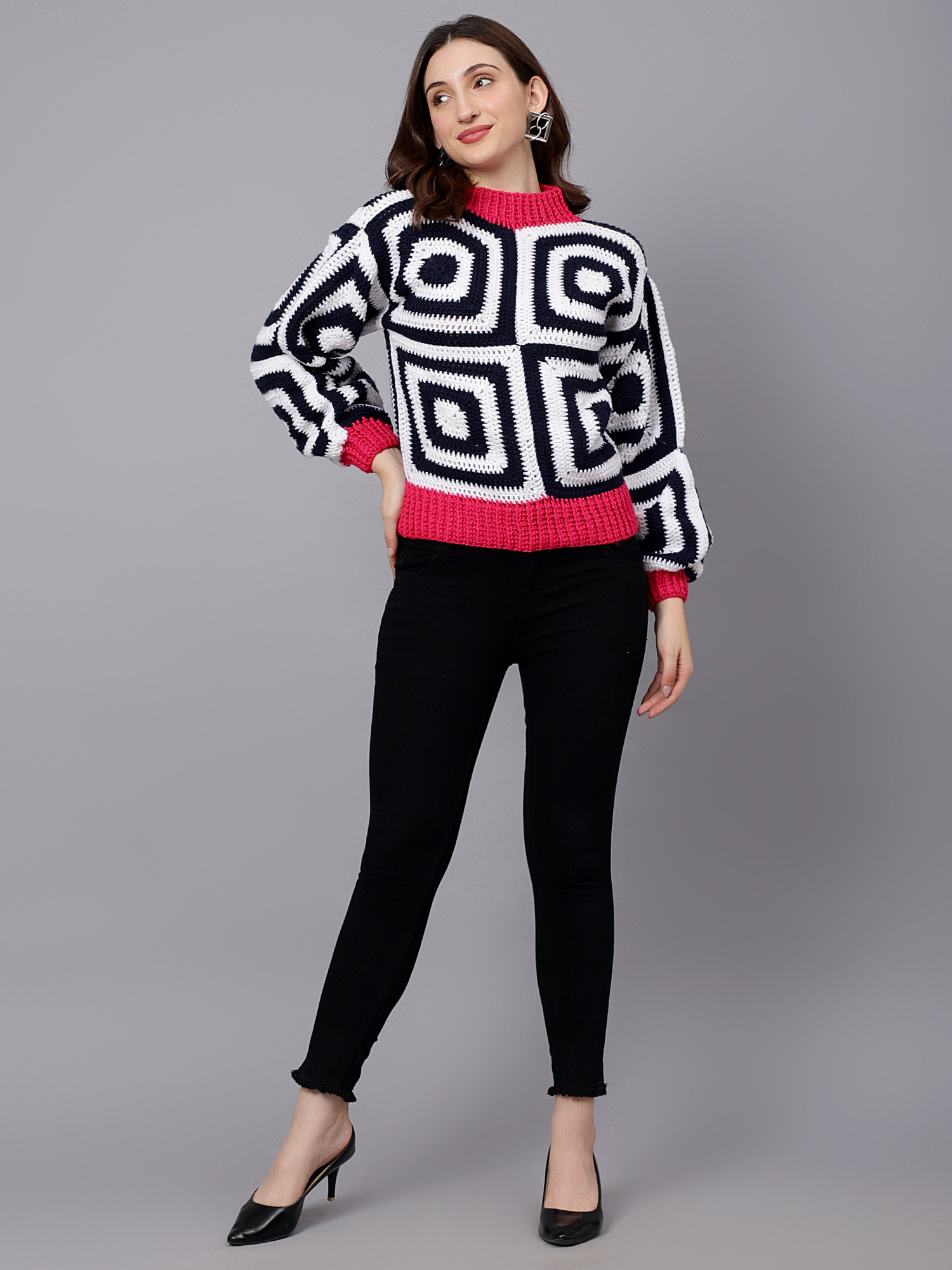 Velvery Handmade Black & White Handmade Crochet Mock Collar Pullover