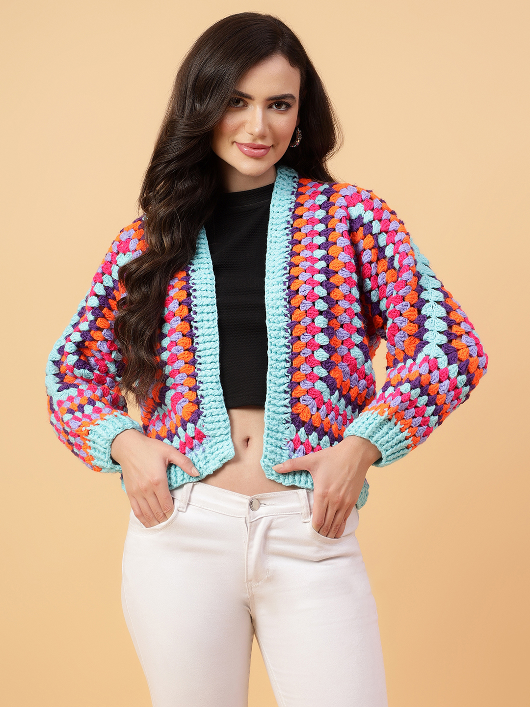 Velvery Handmade Multi Hexagon Crochet V-Neck Cardigan