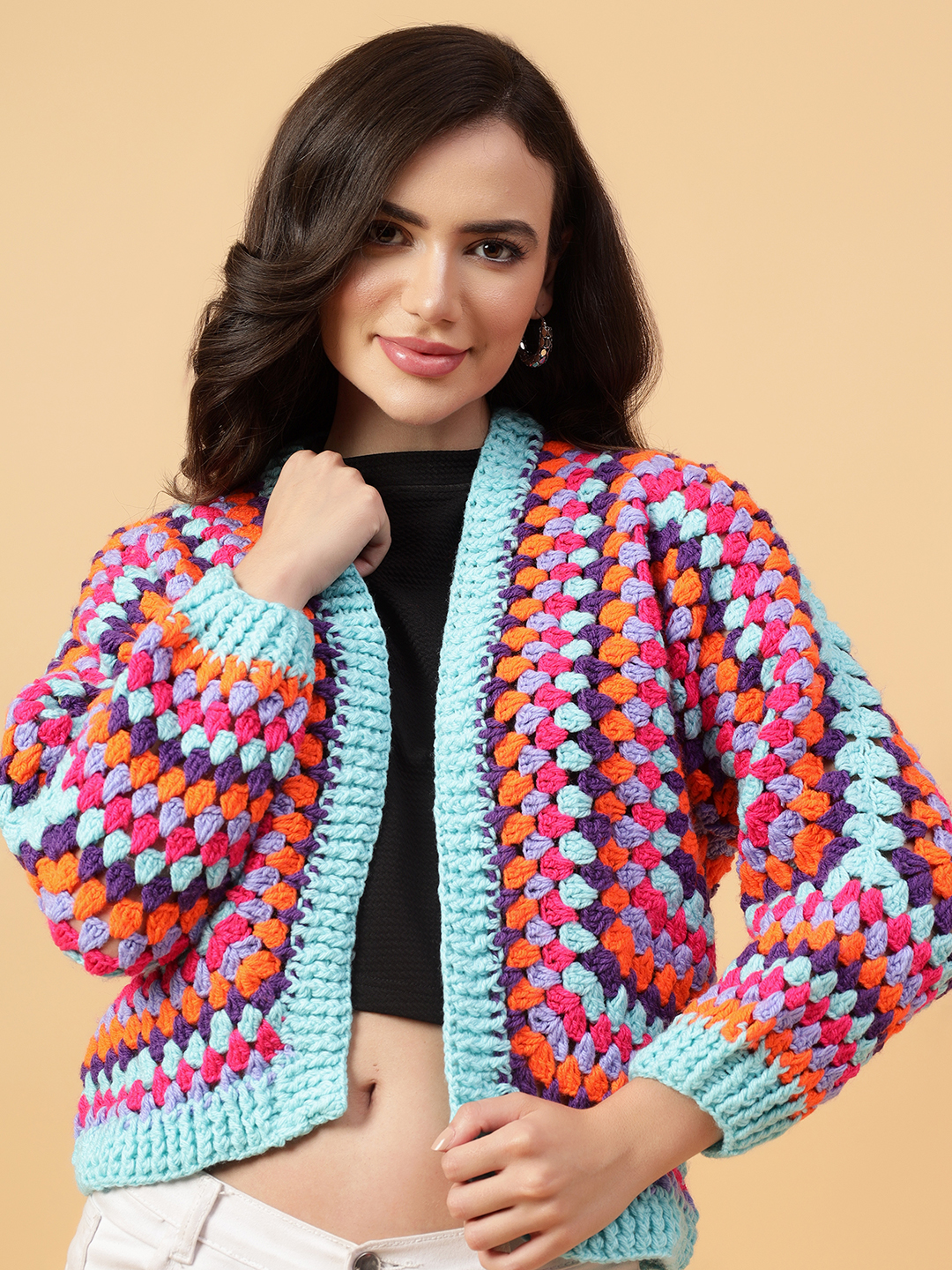 Velvery Handmade Multi Hexagon Crochet V-Neck Cardigan