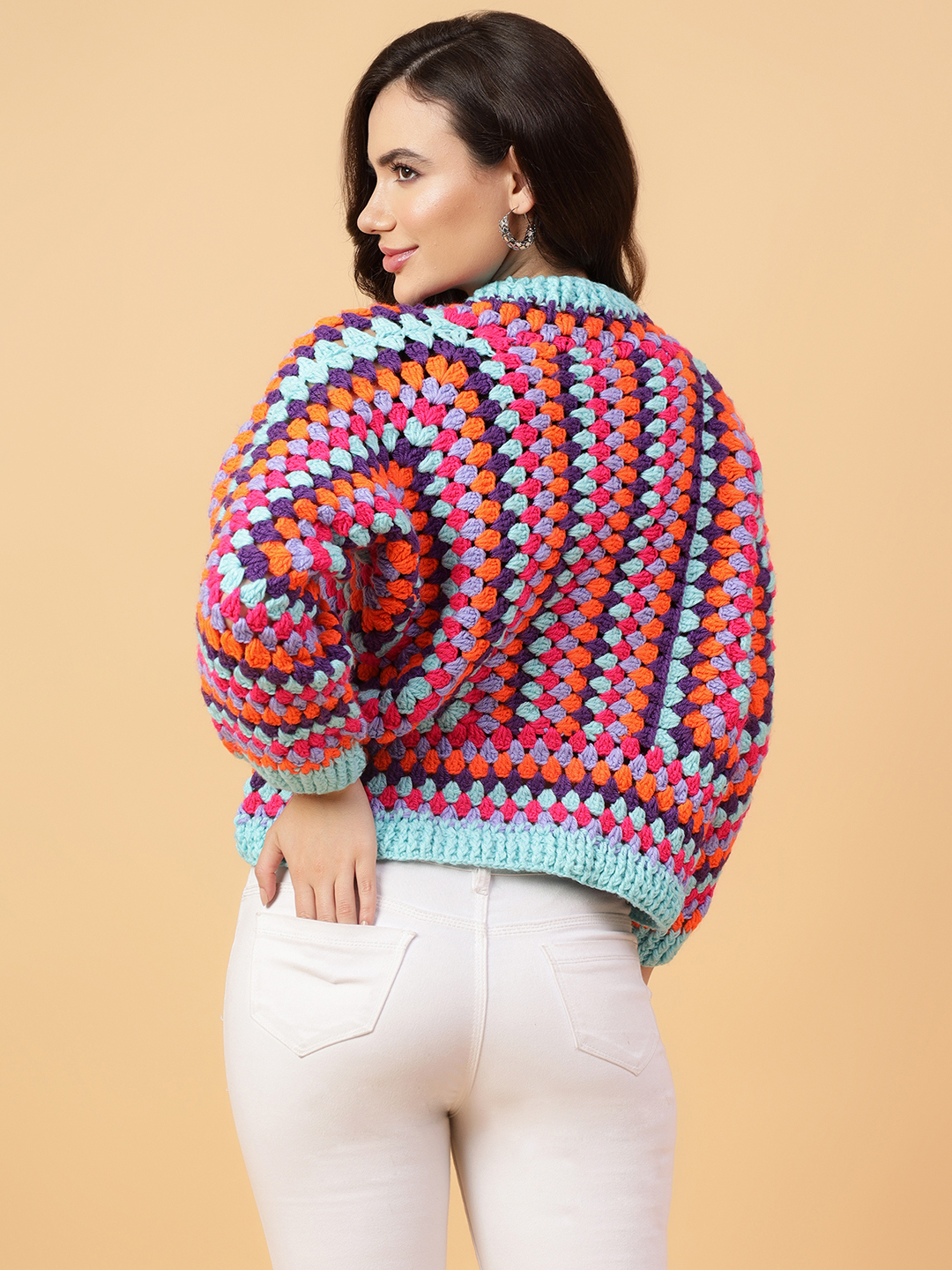 Velvery Handmade Multi Hexagon Crochet V-Neck Cardigan