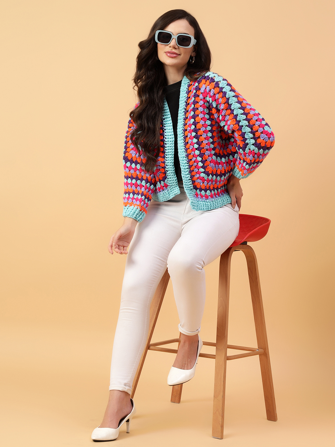Velvery Handmade Multi Hexagon Crochet V-Neck Cardigan