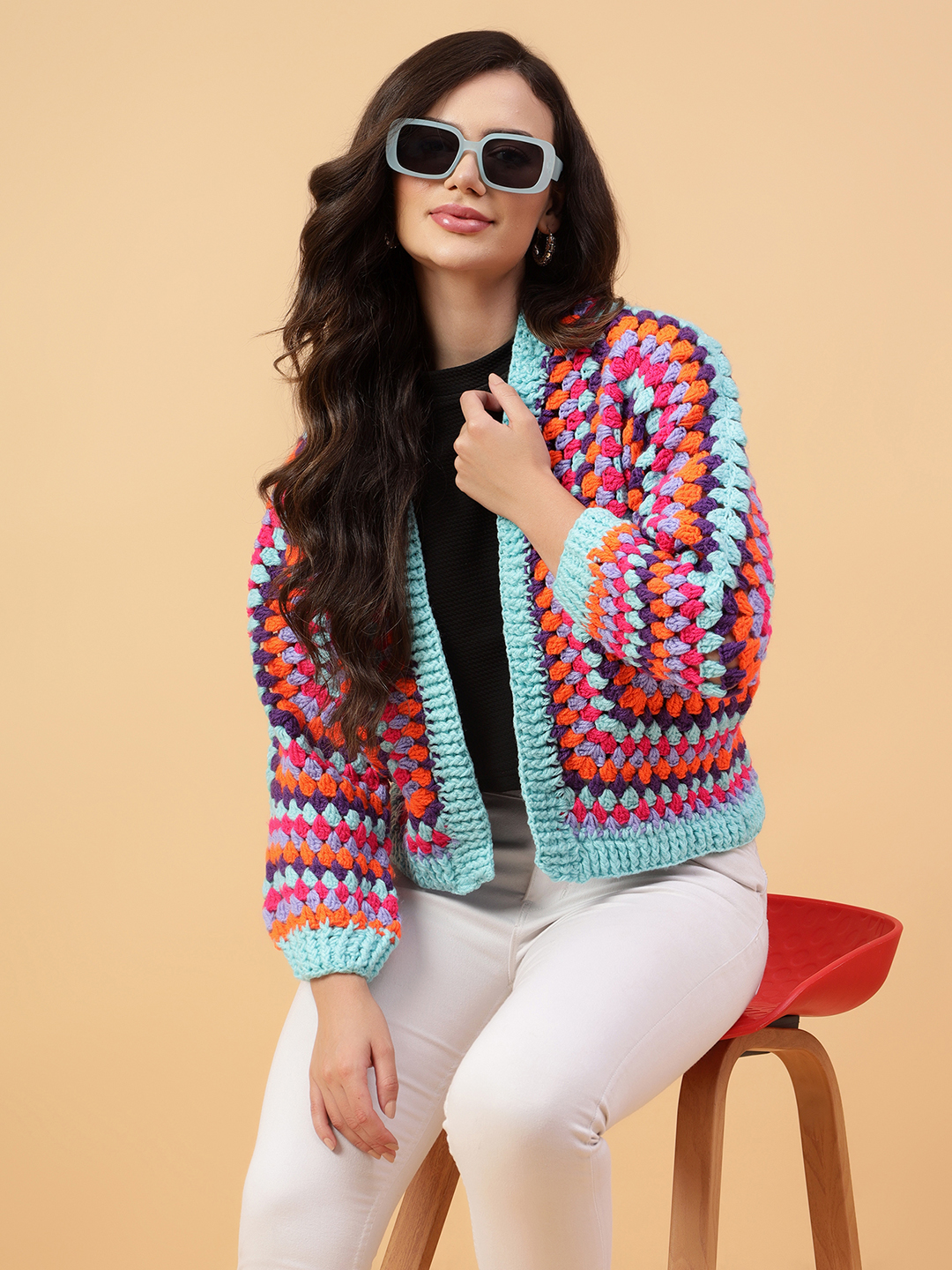Velvery Handmade Multi Hexagon Crochet V-Neck Cardigan