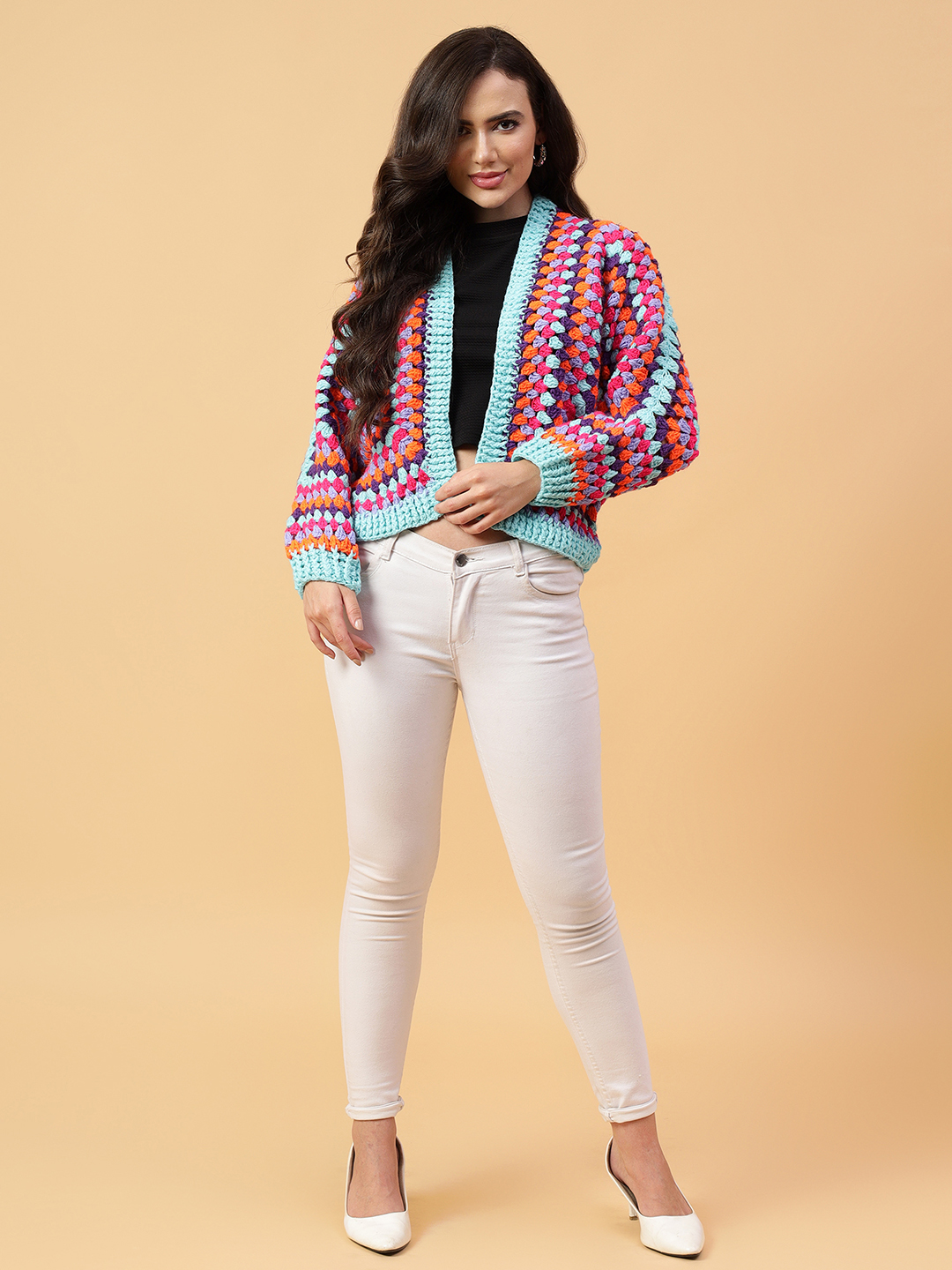 Velvery Handmade Multi Hexagon Crochet V-Neck Cardigan