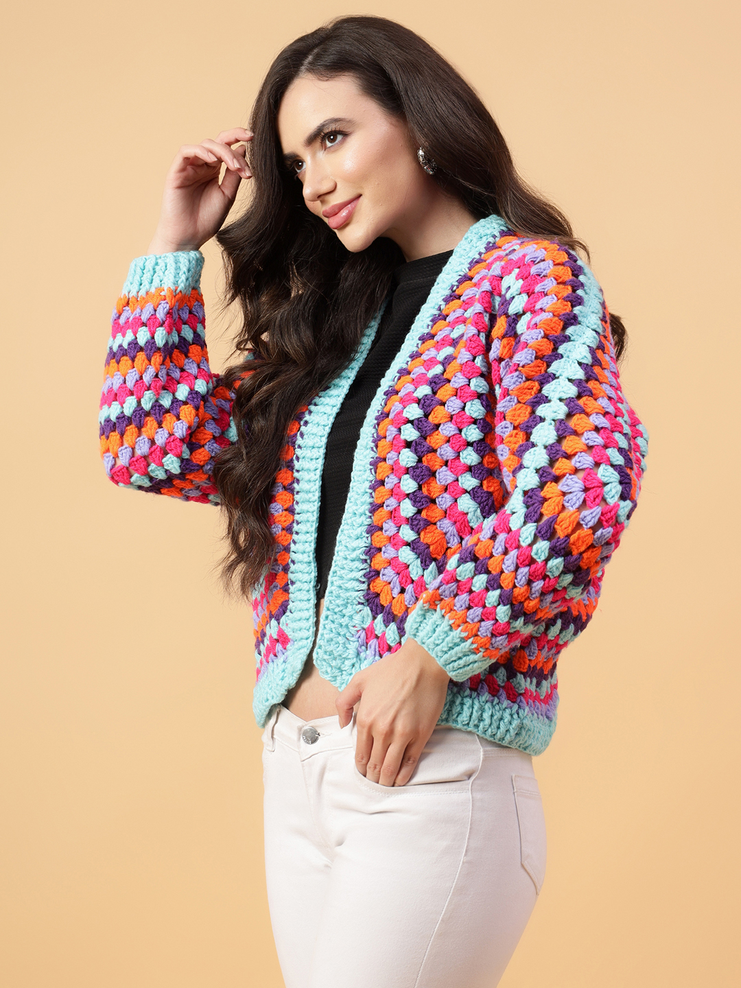Velvery Handmade Multi Hexagon Crochet V-Neck Cardigan
