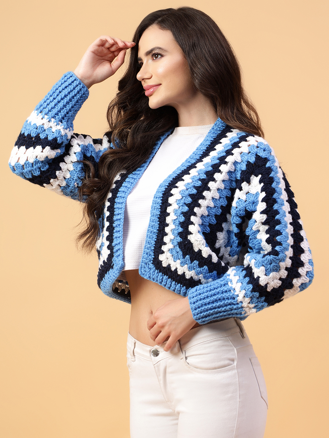 Velvery Handmade Blue & Black Hexagon Crochet V-Neck Cardigan