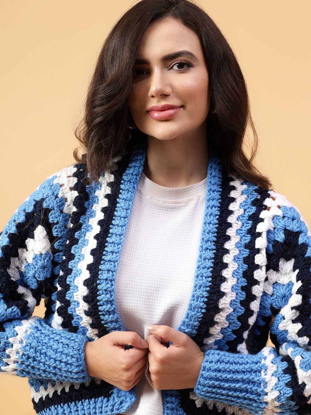Velvery Handmade Blue & Black Hexagon Crochet V-Neck Cardigan