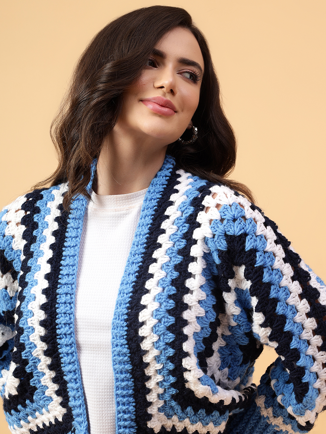 Velvery Handmade Blue & Black Hexagon Crochet V-Neck Cardigan
