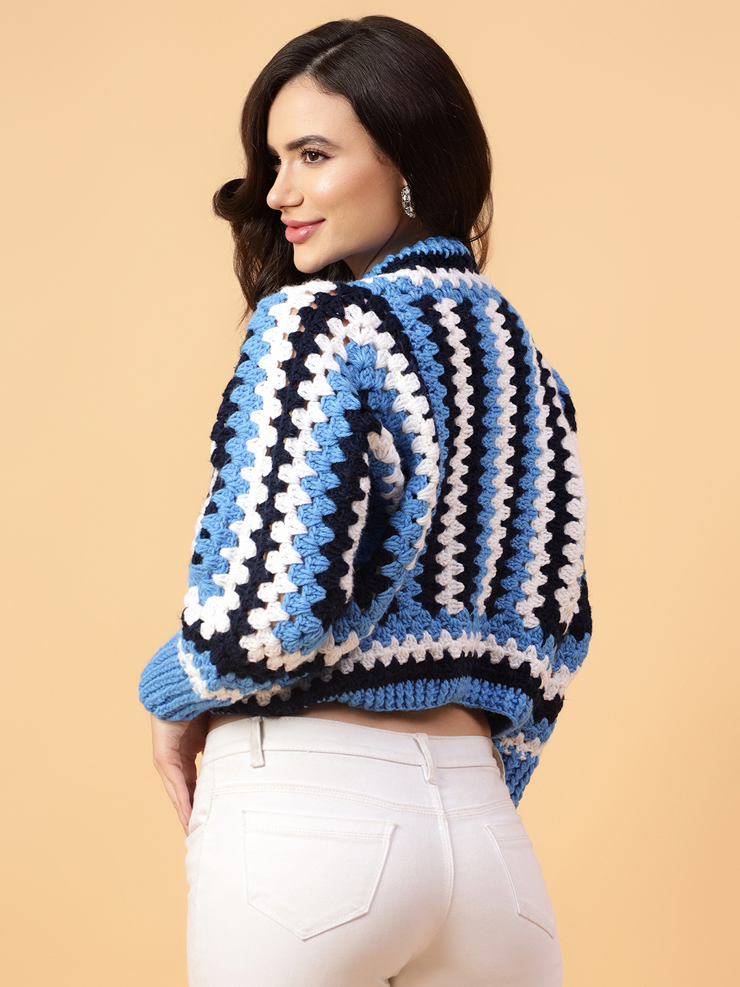 Velvery Handmade Blue & Black Hexagon Crochet V-Neck Cardigan