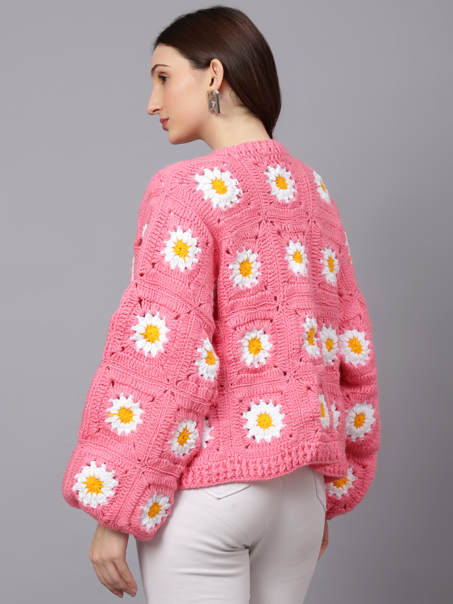 Velvery Handmade Pink & White Pink Daisy V-Neck Cardigan