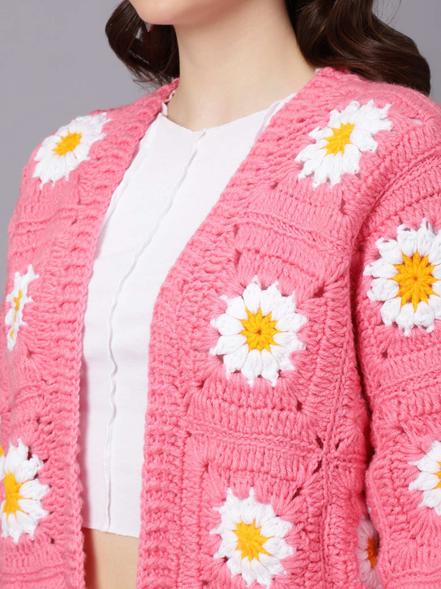 Velvery Handmade Pink & White Pink Daisy V-Neck Cardigan