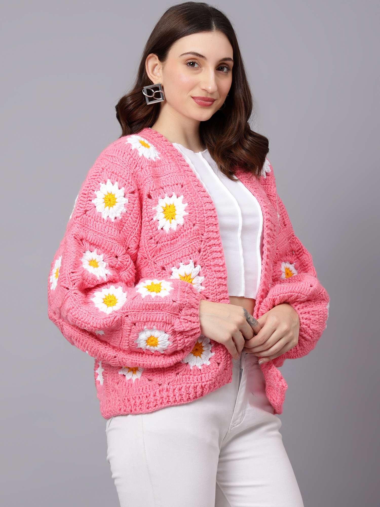 Velvery Handmade Pink & White Pink Daisy V-Neck Cardigan