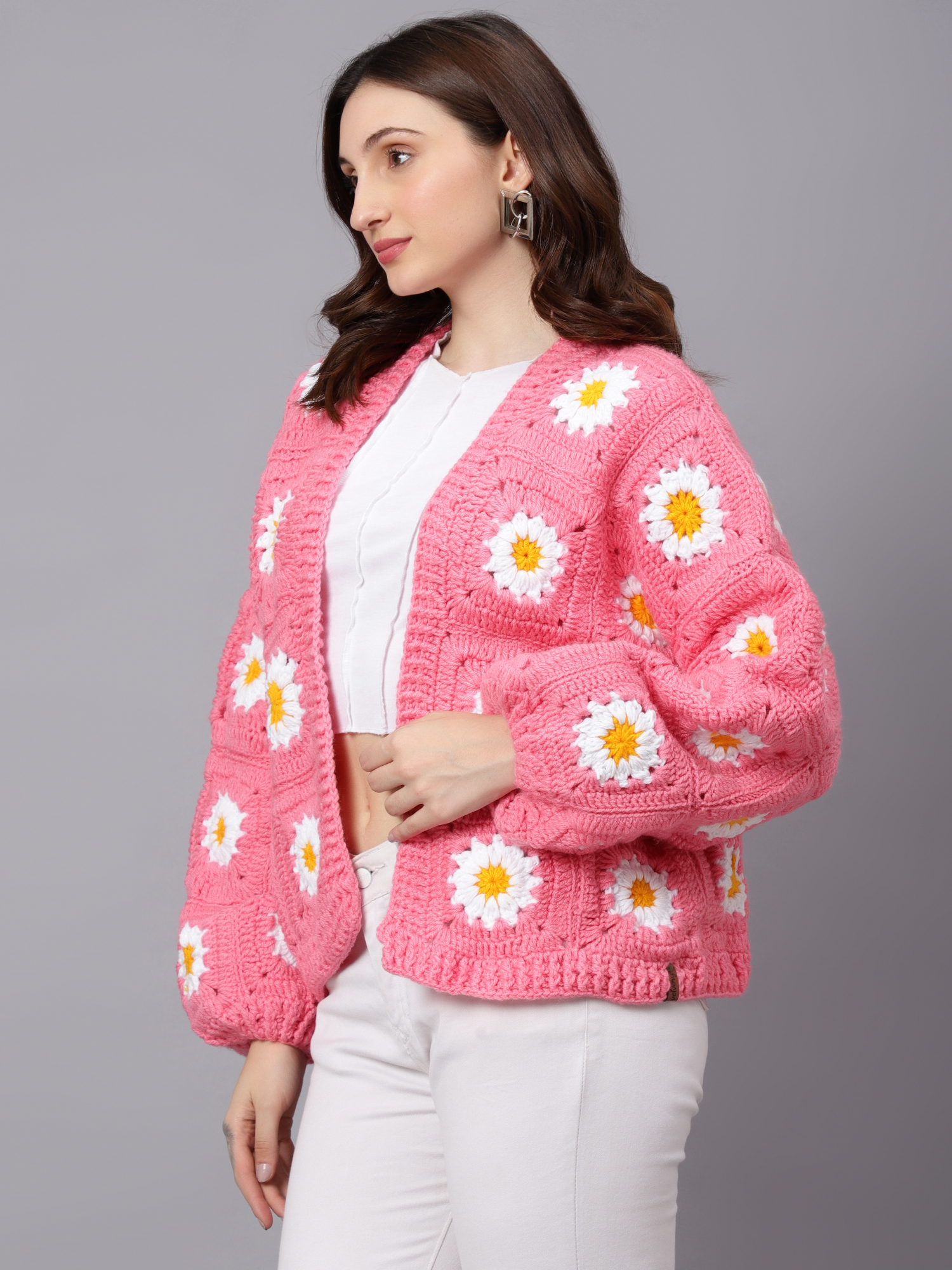 Velvery Handmade Pink & White Pink Daisy V-Neck Cardigan