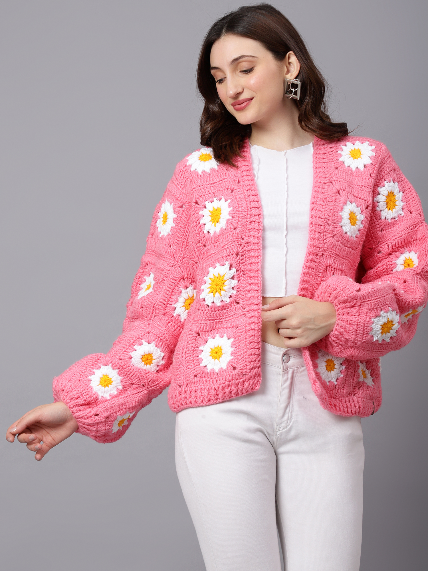 Velvery Handmade Pink & White Pink Daisy V-Neck Cardigan