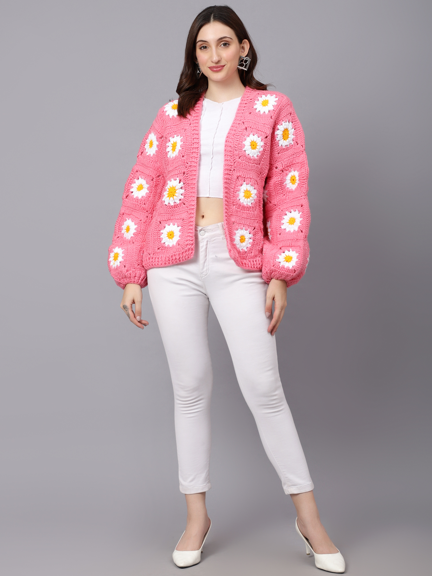 Velvery Handmade Pink & White Pink Daisy V-Neck Cardigan