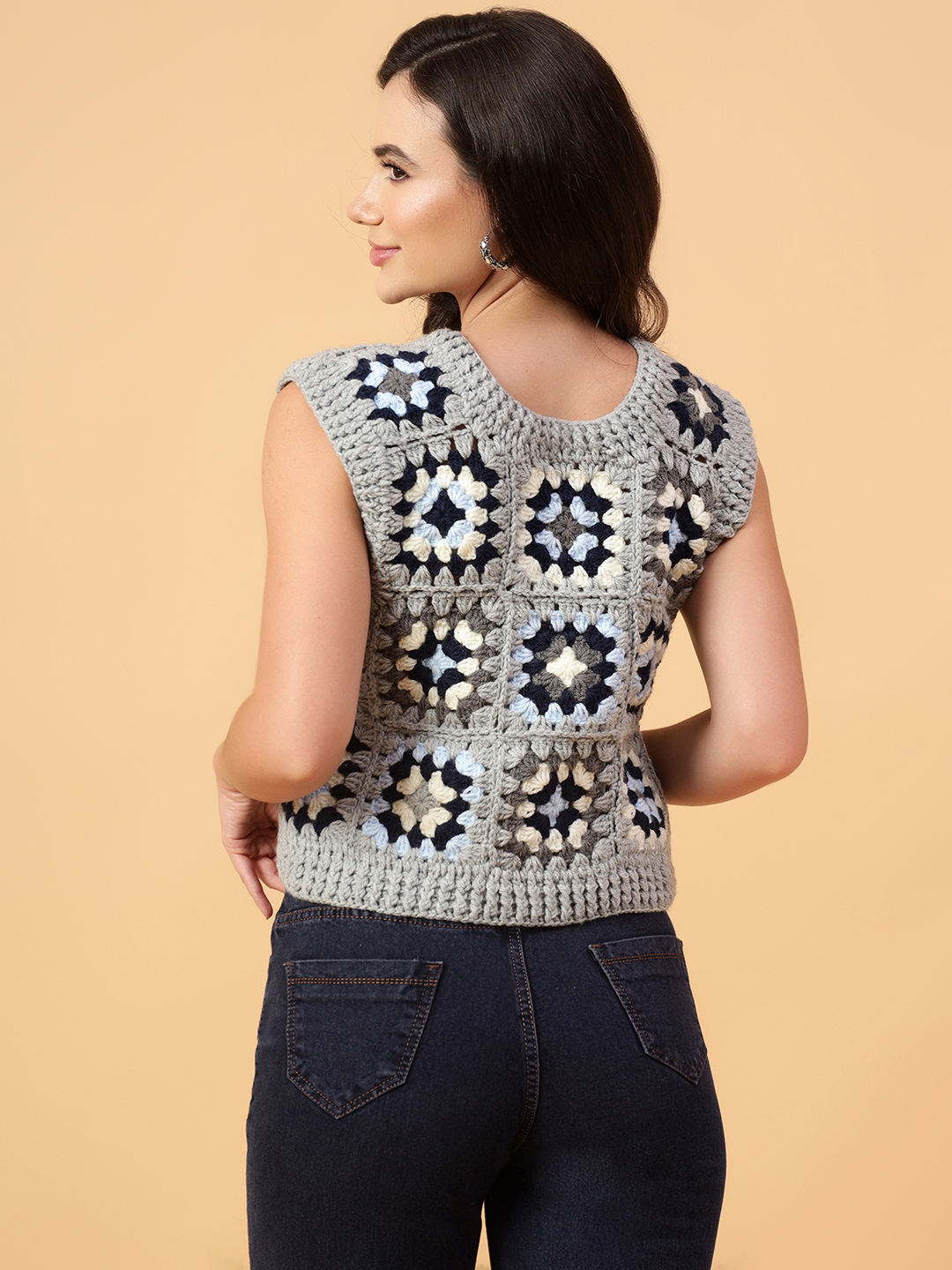 Velvery Handmade Grey Granny Square Round Neck Sweater Vest