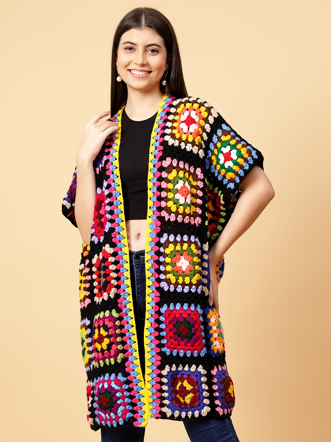 Velvery Handmade Multi Crochet Overcoat V-Neck Cardigan