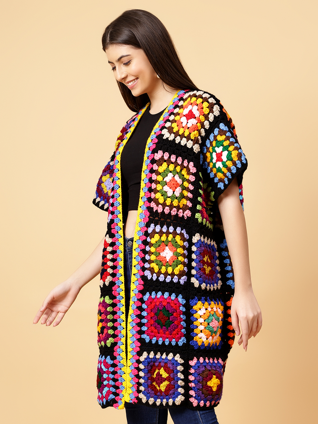Velvery Handmade Multi Crochet Overcoat V-Neck Cardigan