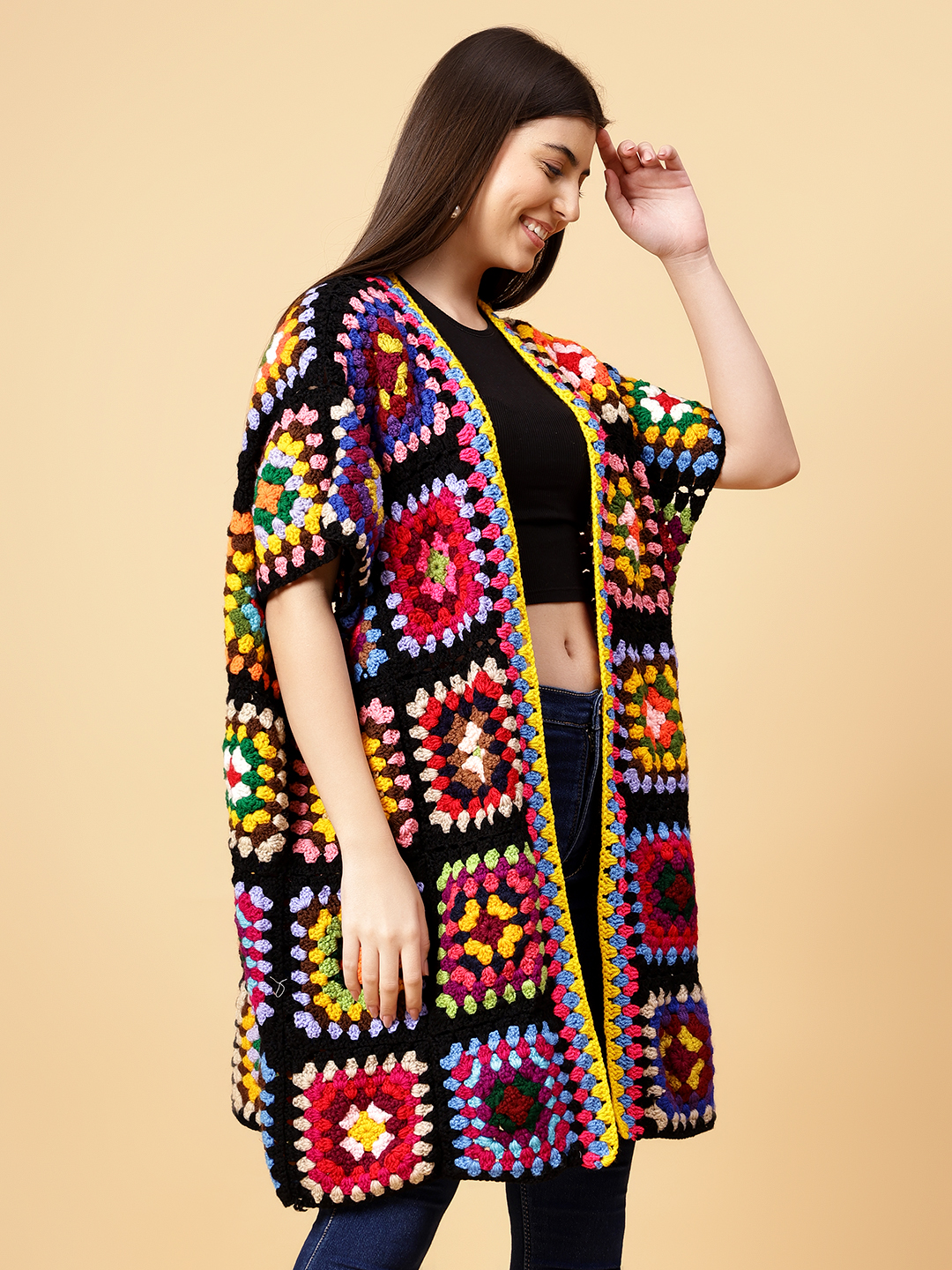 Velvery Handmade Multi Crochet Overcoat V-Neck Cardigan