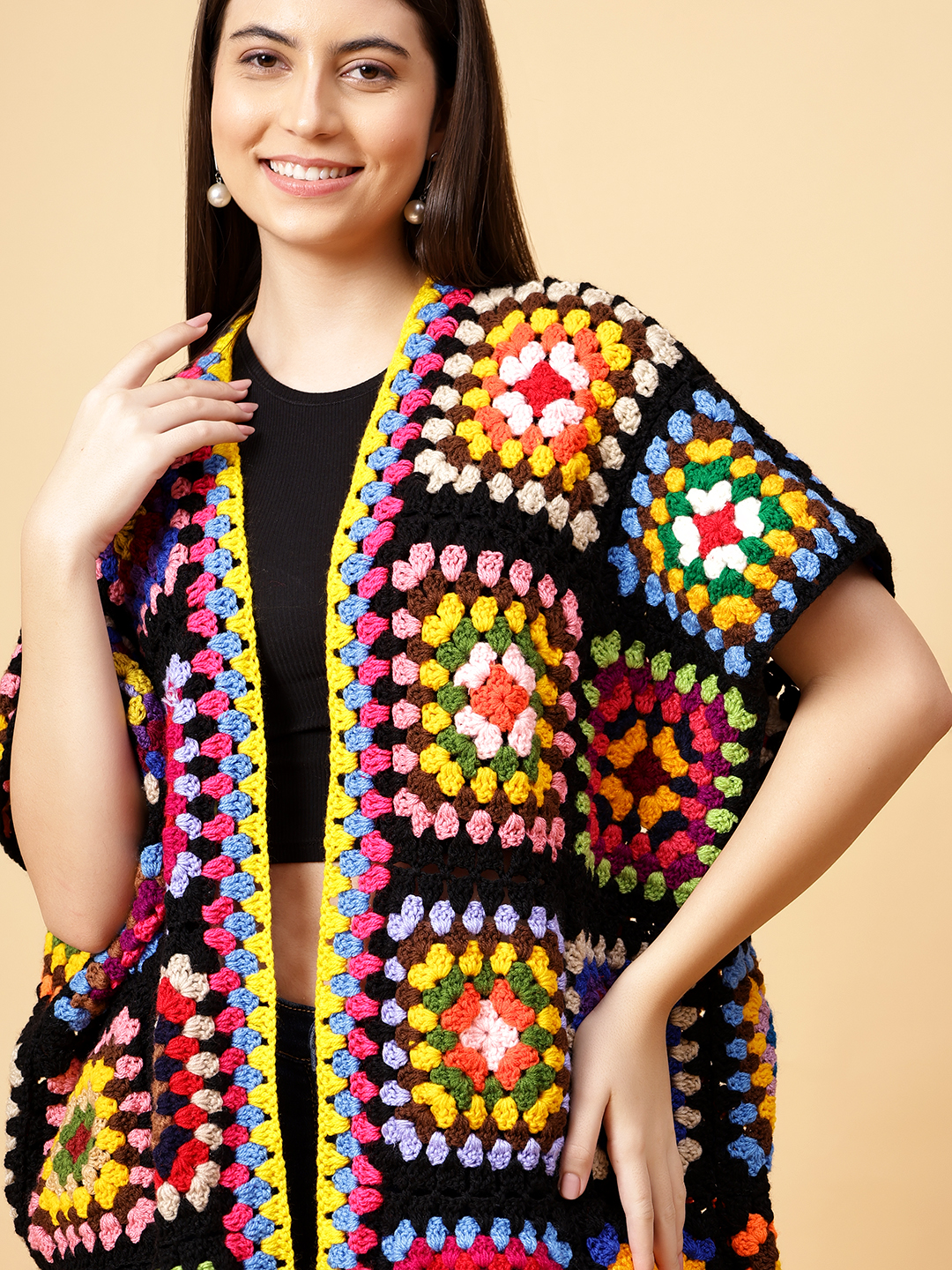Velvery Handmade Multi Crochet Overcoat V-Neck Cardigan